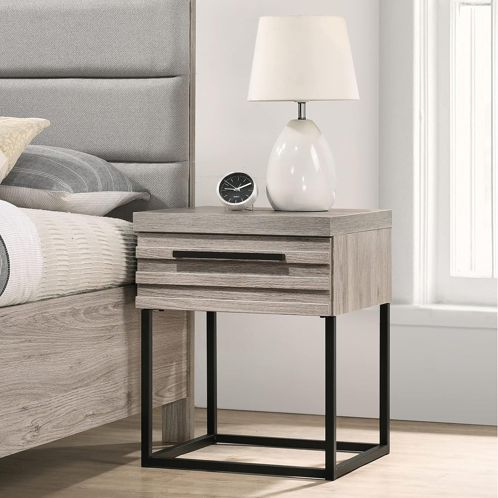 Roundhill Furniture Alvear 3-Piece Upholstered Wood Bedroom Set, King Size Panel Bed and Two Nightstands, Weathered Gray