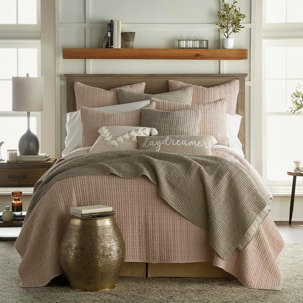 Levtex Home Mills Waffle King/Cal King Quilt Set (106x92in) with 2 Pillow Shams (36x20in) - Blush - Cotton Waffle King Size Quilt Bedding Set - Lightweight, Soft, Pre-Washed