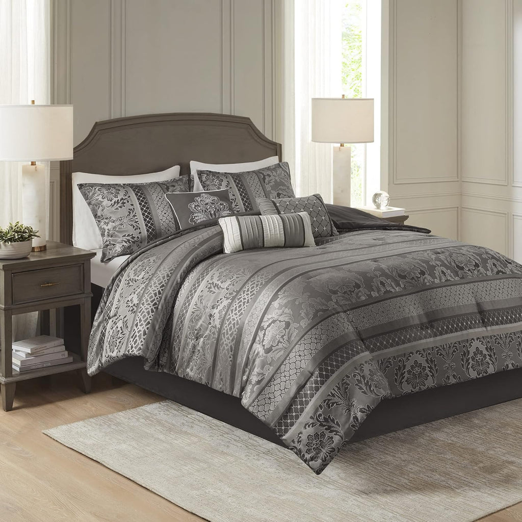 Madison Park Bellagio Cozy Comforter Set - Luxurious Jaquard Traditional Damask Design, All Season Down Alternative Bedding with Matching Shams, Decorative Pillow, King(104'x92') , Grey 7 Piece