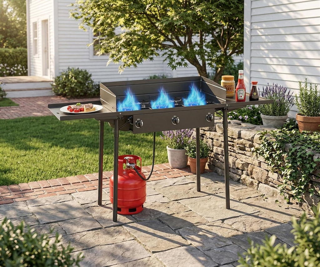 3 Burner Propane Camp Stove | 225,000 BTU Gas Burners | Side Shelves | Windscreen | Waterproof Cover | Detachable Legs | Ideal for Camping Backyard Outdoor Cooking