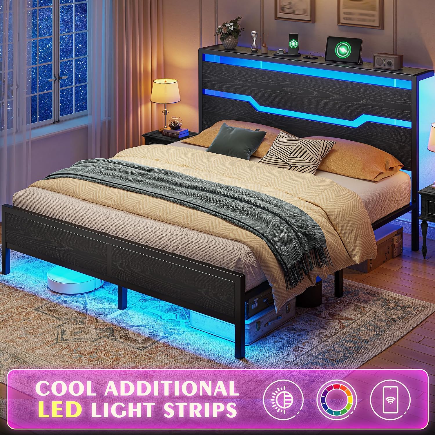Homkdom Queen Bed Frame with LED Lights & Charging Station, Industrial Metal Platform Bed with 13' Large Under-Bed Storage, Heavy Duty Slats,Noise-Free, No Box Spring Needed, Modern Black