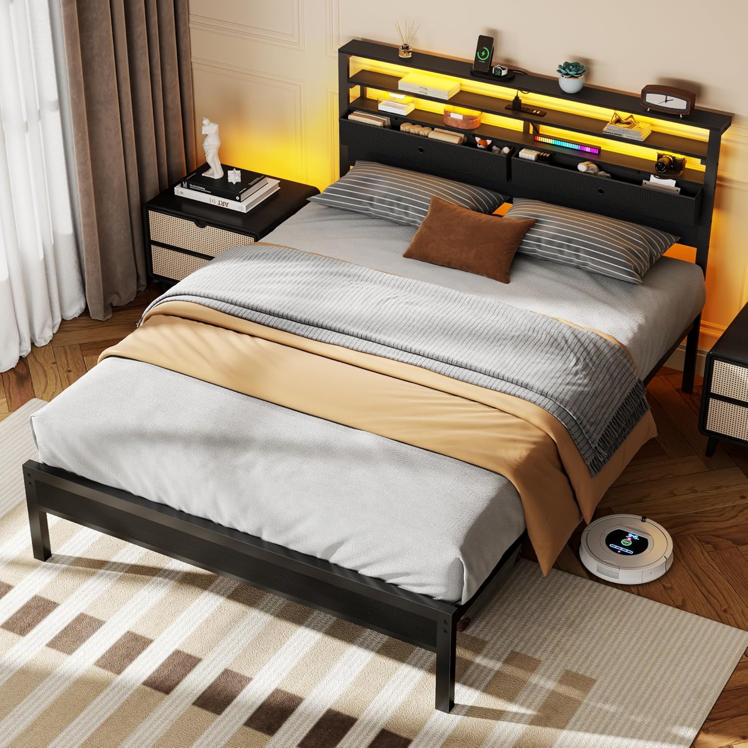 Furnulem Queen Bed Frame with Headboard, 3-Tier Storage Shelves & 2 Fabric Drawers, Built-in Charging Station & RGB LED Lights, Metal Slat Support, No Box Spring Needed, Easy Assembly, Black Oak