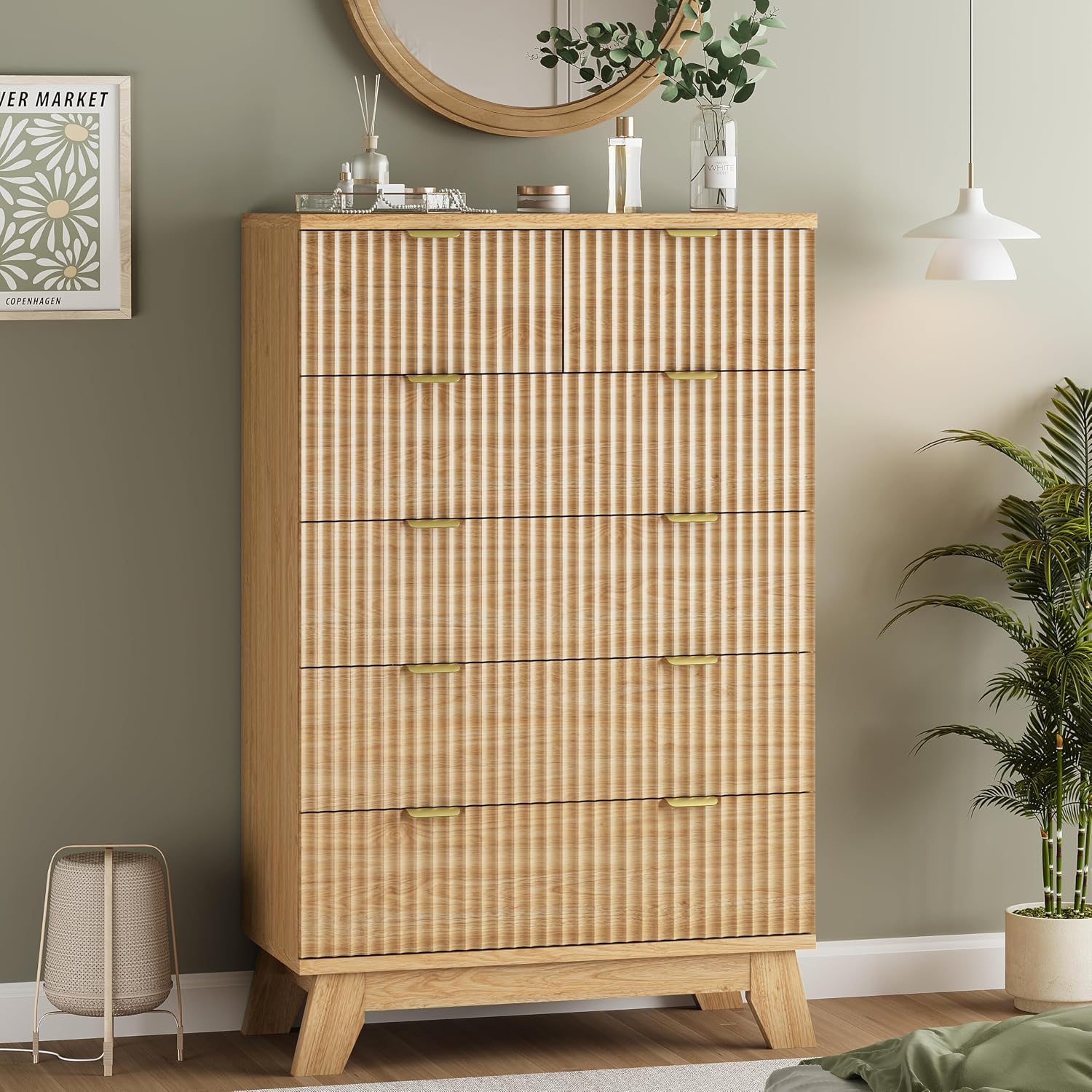 Fluted Dresser for Bedroom with 6 Drawers, 46' Tall Modern Chest of Drawers with Metal Handle, Wooden Dresser TV Stand, Wood Closet Clothes Storage Organizer for Living Room, Hallway, Natural Oak