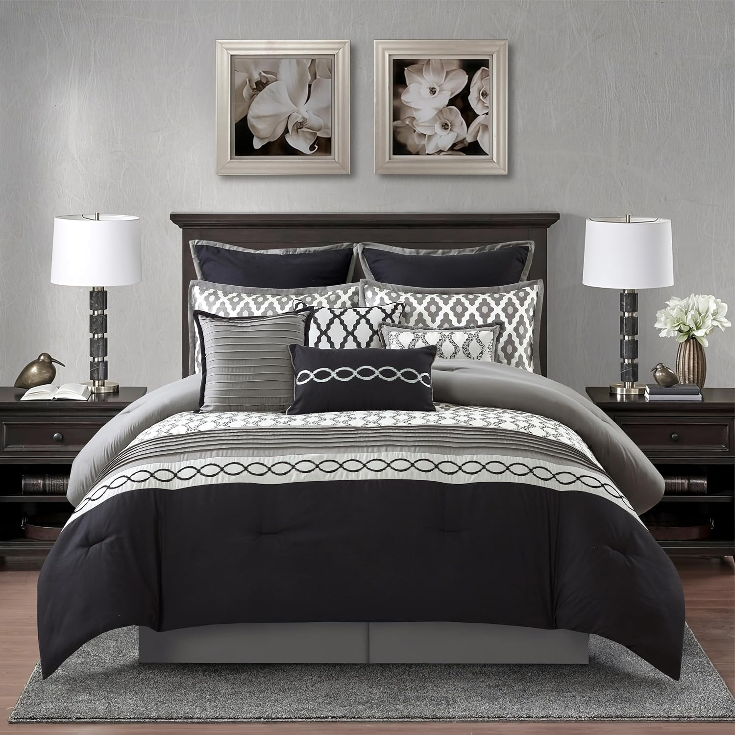 Stratford Park Geometirc King Black Comforter Set, 10 Piece, Jacquard Bedding Comforters & Sets, Bedskirt, Pillows & Shams, Ultra-Soft
