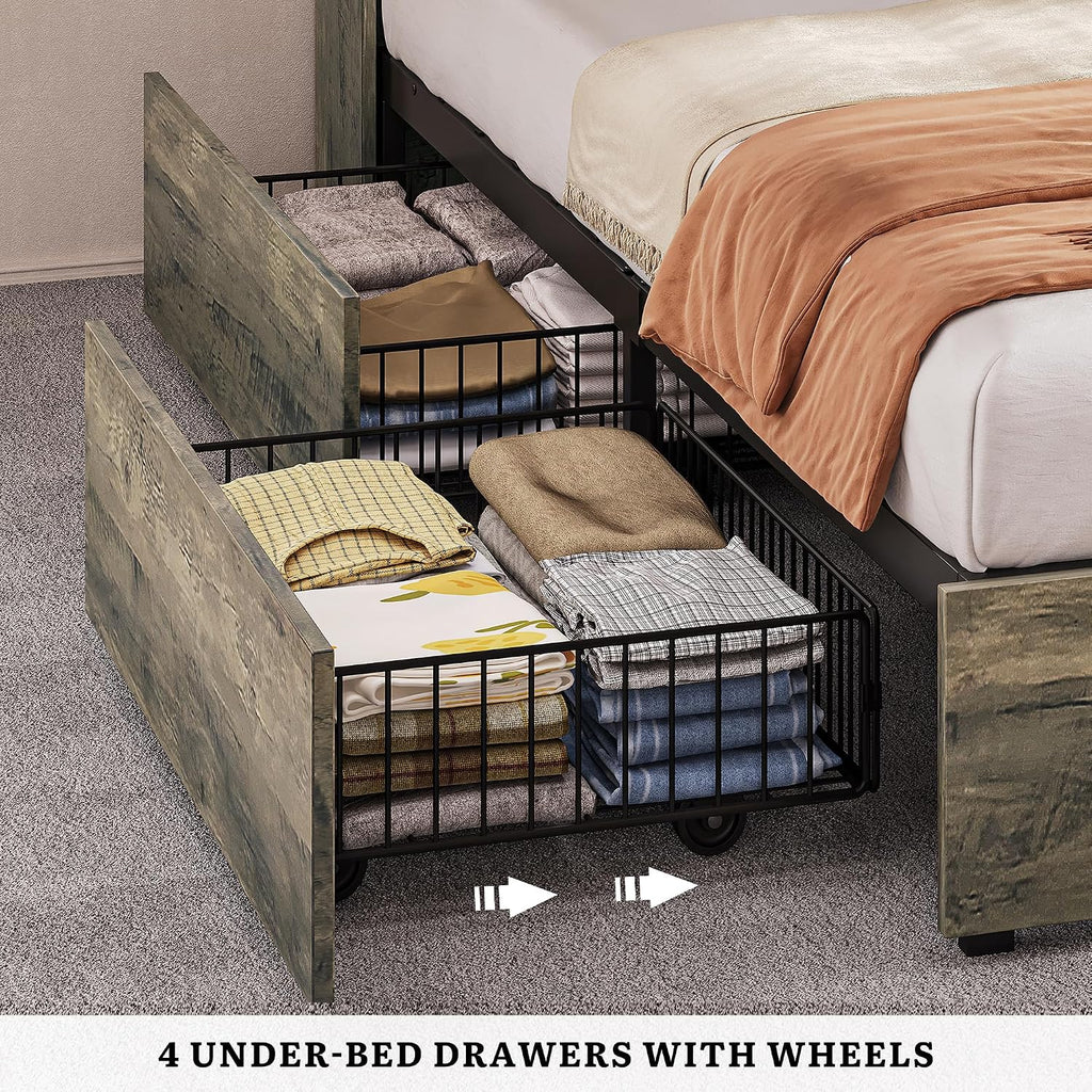 DWVO Farmhouse Queen Size Bed with 50' Tall Storage Bookcase Headboard, Sliding Barn Door, 4 Storage Drawers, RGB LED Bed Frame w/Type-C&USB Charging Station, No Box Spring Needed, Antique Grey