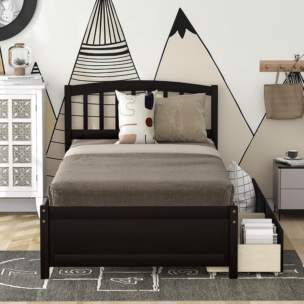 Harper & Bright Designs Wood Twin Size Platform Bed with Storage Drawers and Headboard for Saving Space, Vintage Bed Frame for Kids Boys Girls, No Box Spring Needed, Space Saving, Espresso