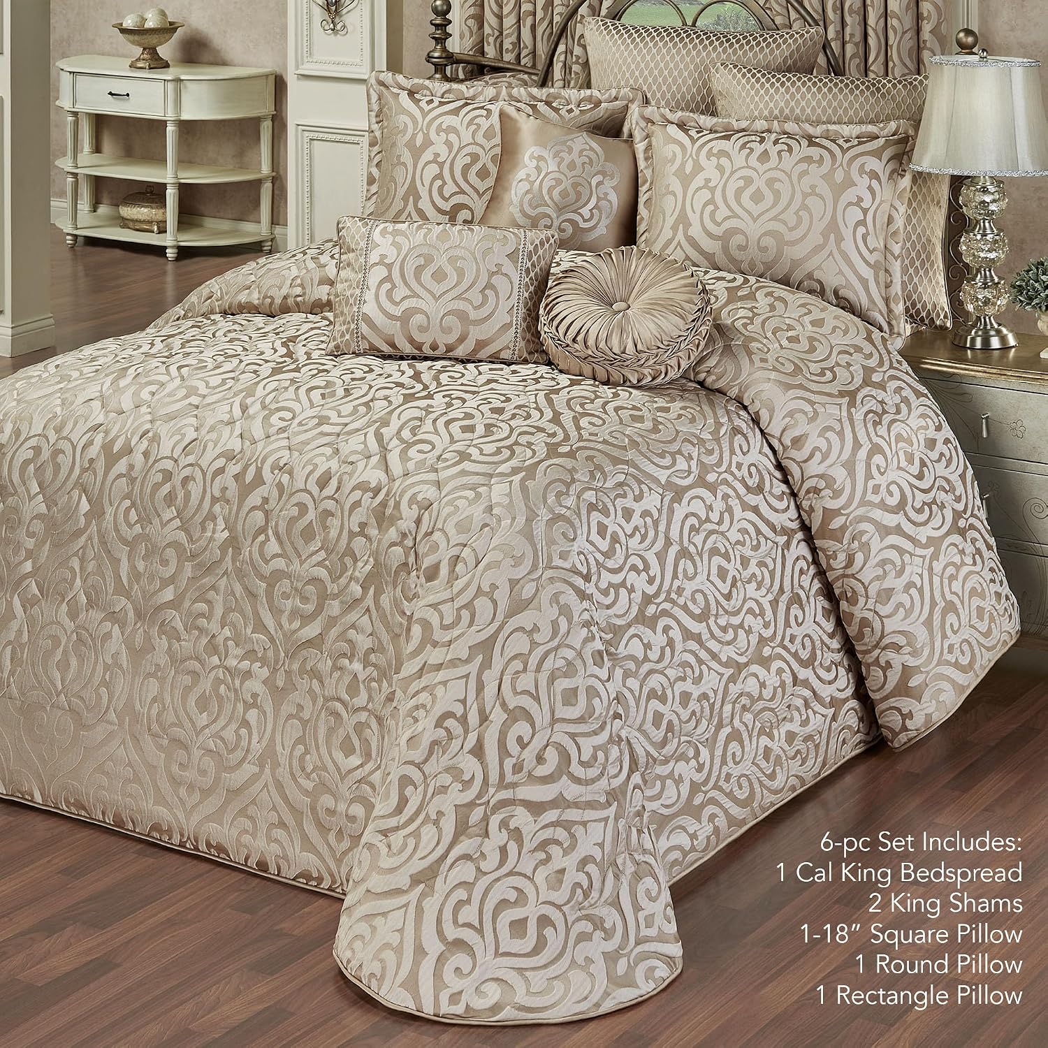 Davenport Luxury Bedding | Neutral Sand and Beige Hues | Jacquard-Woven Puff-Textured Scrollwork Medallions | 6 Pc Set Includes Cal King Bedspread, 2 King Shams, and 3 Decorative Reversible Pillows