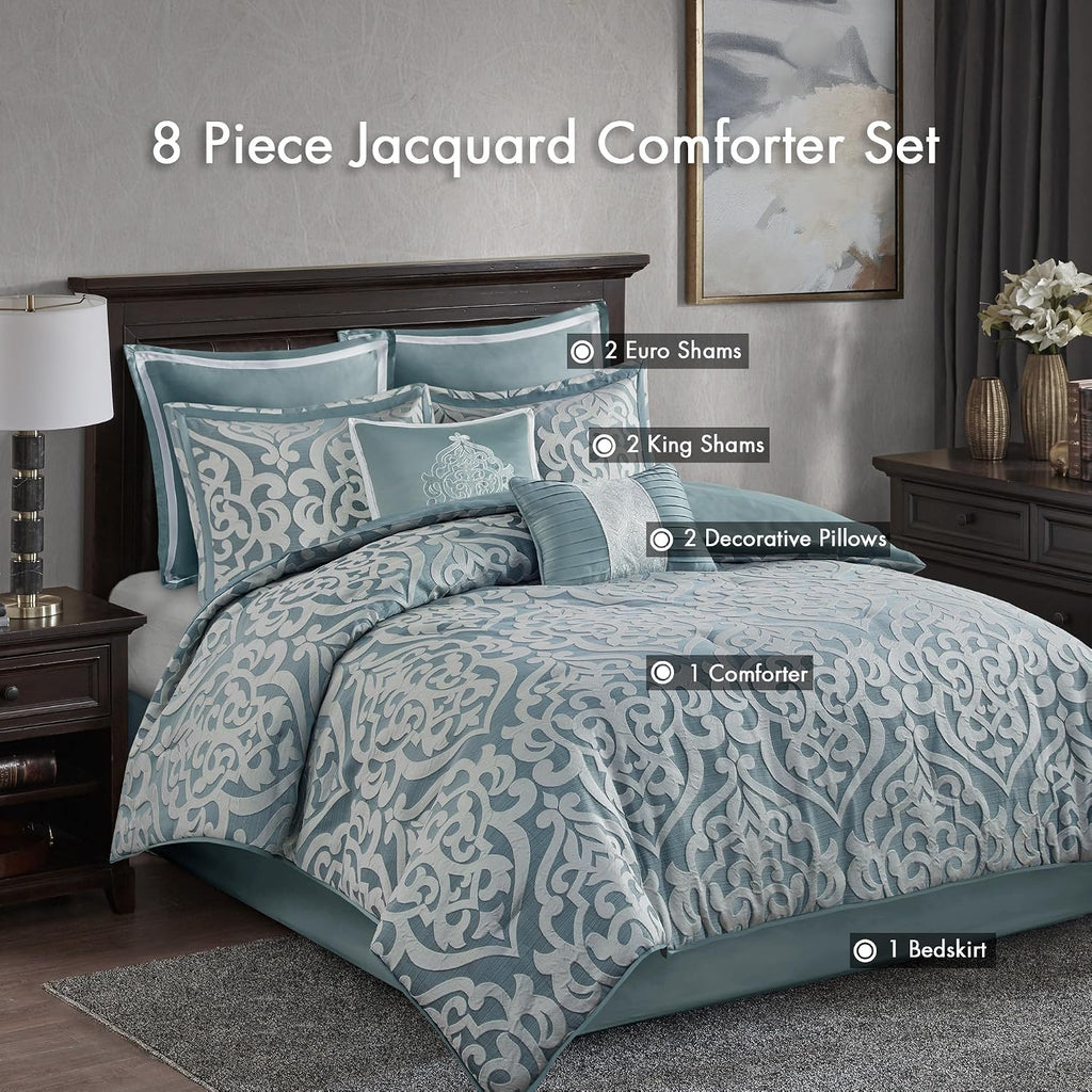 Madison Park Odette Cozy King Size Comforter Set Jacquard Damask Medallion Design - Modern All Season, Down Alternative Bedding, Shams, Decorative Pillows, King(104 in x 92 in), Aqua