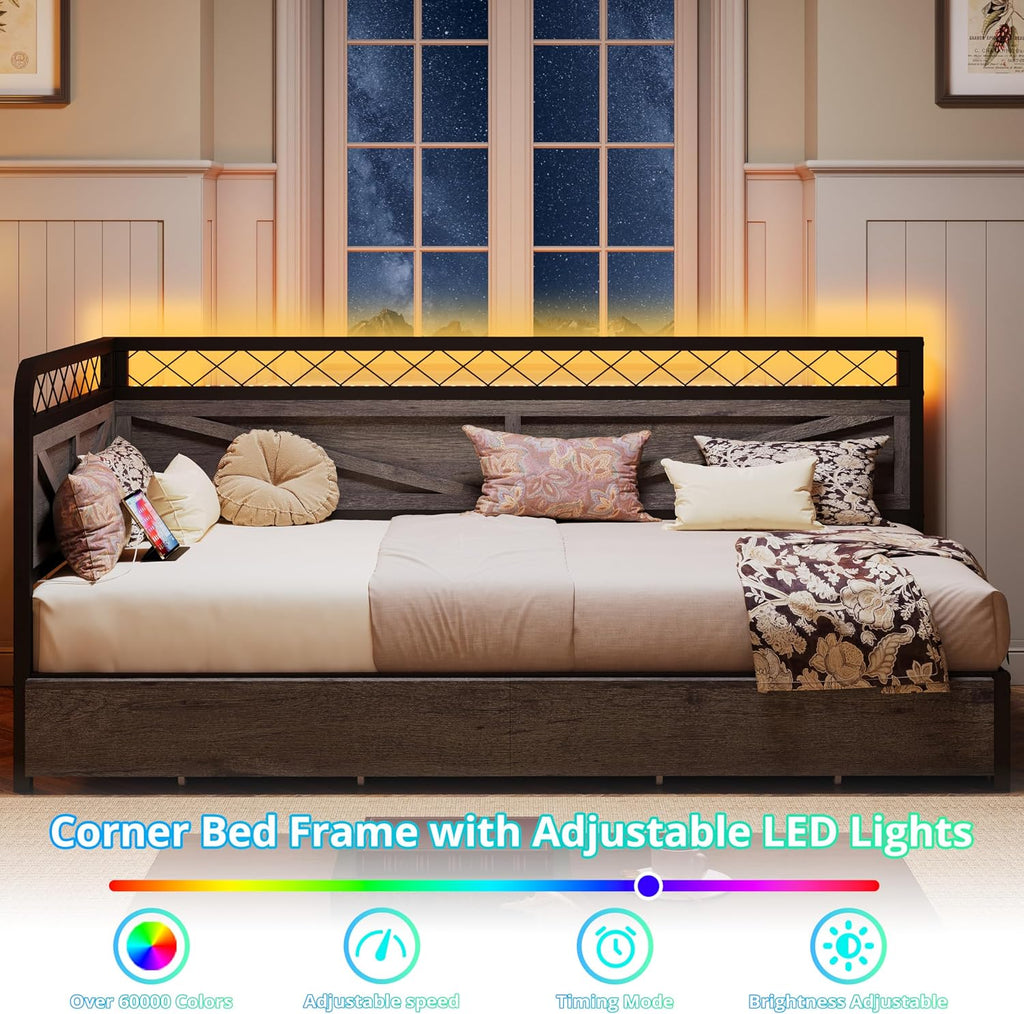 ANCTOR Twin XL Corner Bed Frame with Storage Drawers, Daybed with LED Lights and Charging Station, No Box Spring Needed, Heavy Duty, Easy Assembly for Living Room, Bedroom and Guest Room, Grey