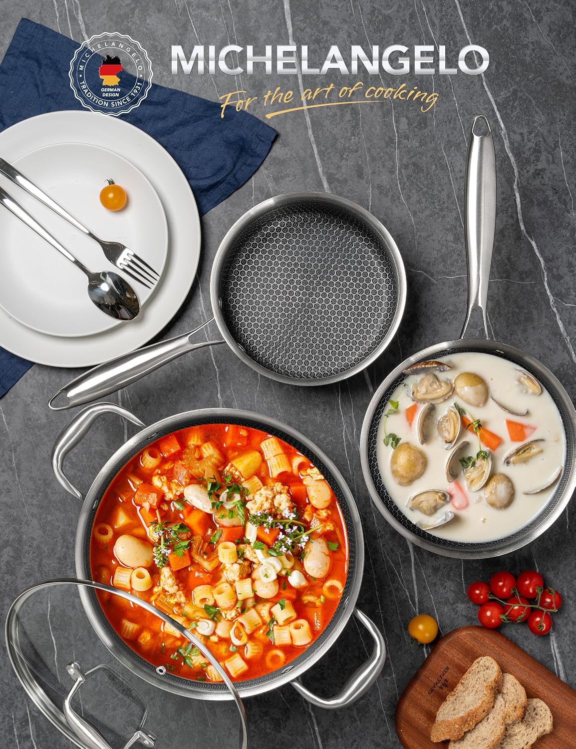 MICHELANGELO 6 Pcs Tri-ply Stainless Steel Pot Set, 2QT & 3QT & 8QT Pot with Lids, Nonstick HoneyComb Interior Cooking Pot Set, Compatible with All Cooktops, Oven & Dishwasher Safe