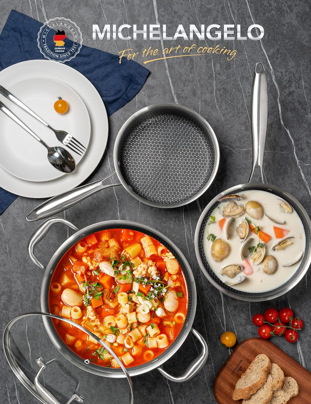 MICHELANGELO 6 Pcs Tri-ply Stainless Steel Pot Set, 2QT & 3QT & 8QT Pot with Lids,Tri-ply Stainless Steel Saute Pan 6 Quart, Deep Frying Pan with Lid