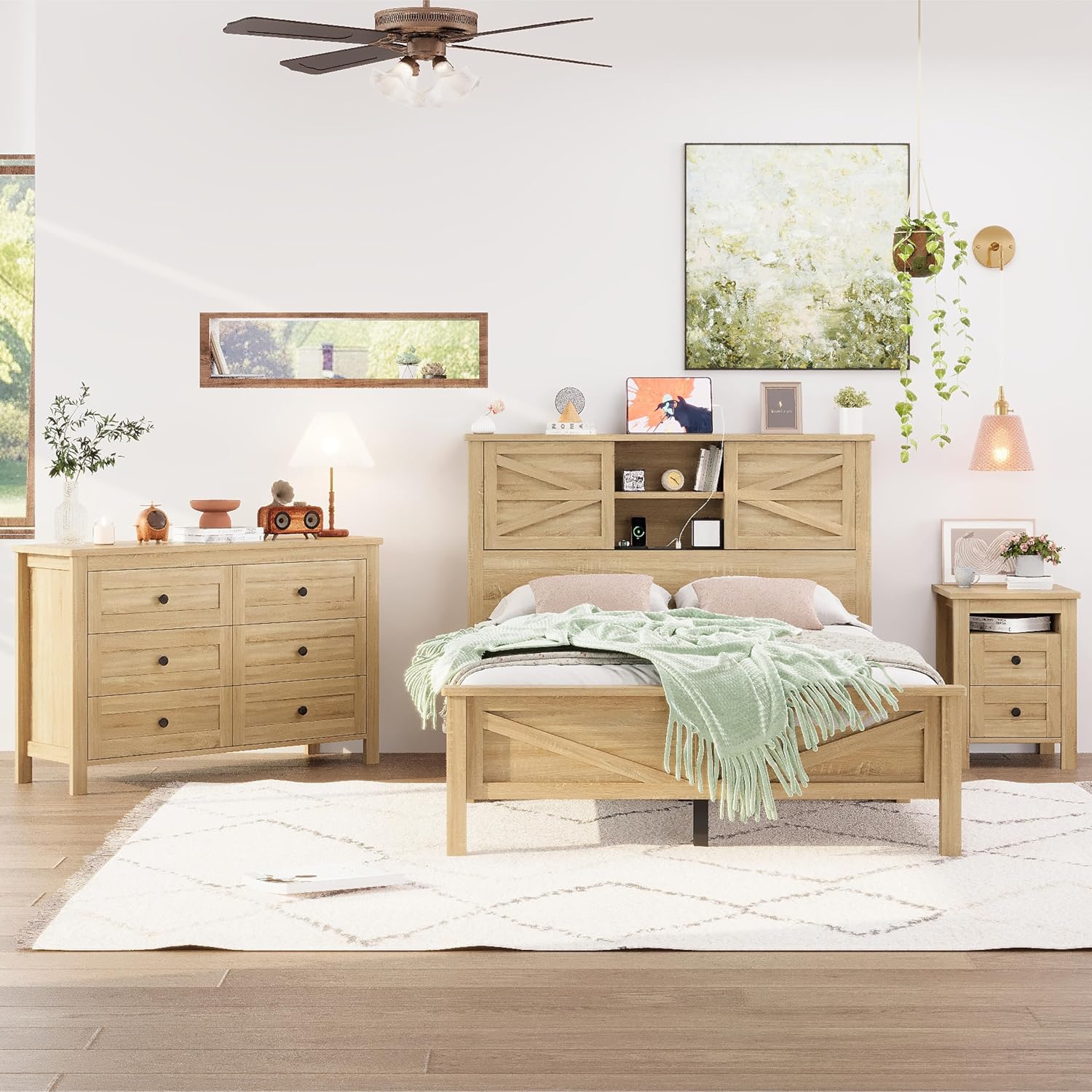 LUMISOL 3 Pieces Bedroom Sets,Farmhouse Platform Bed with Storage Nightstand and Dresser, Full Size Bed Frame with Storage Headboard and Charging Station, Natural
