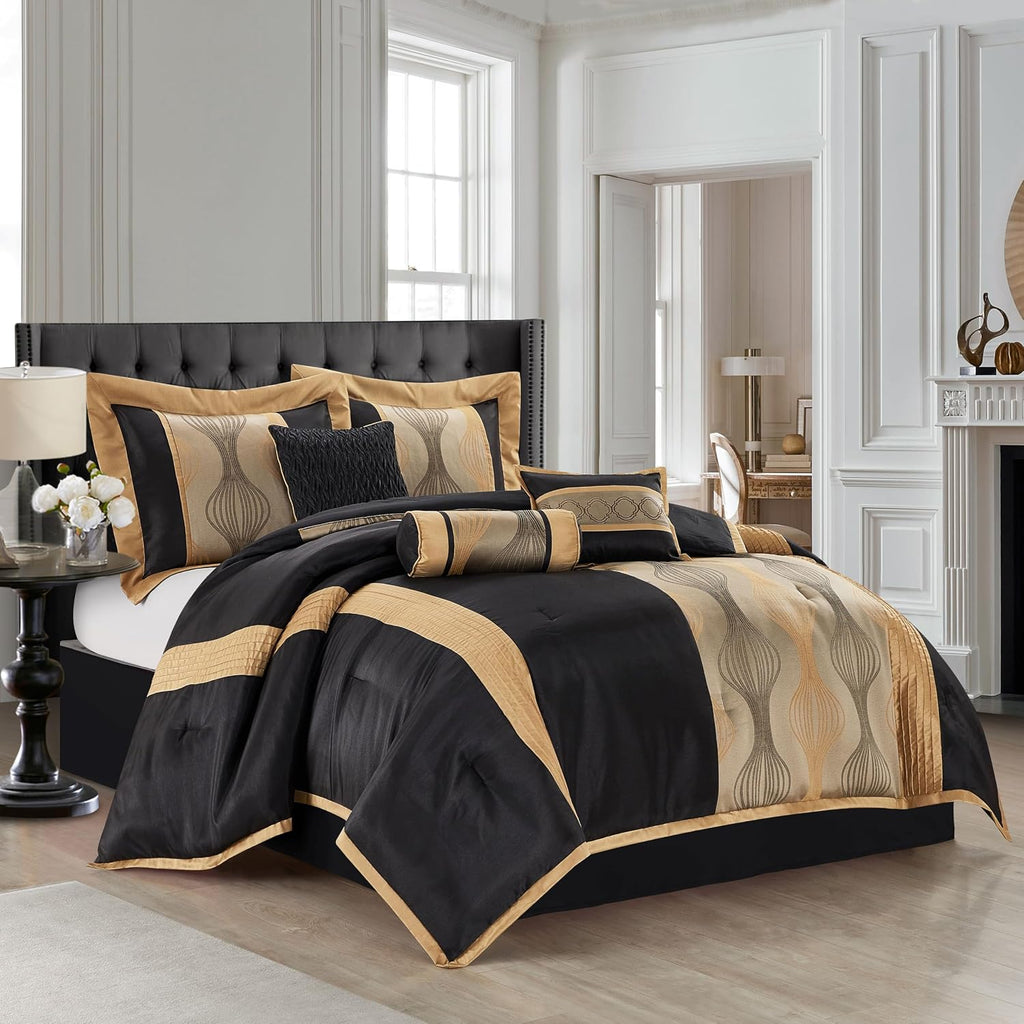 Stratford Park Black King Size Comforter Set, 7 Pieces Jacquard Bedding Sets with Comforter, Bed Skirt, Pillows & Shams, Lightweight Microfiber, Black and Gold, All Season Bedroom Home Décor
