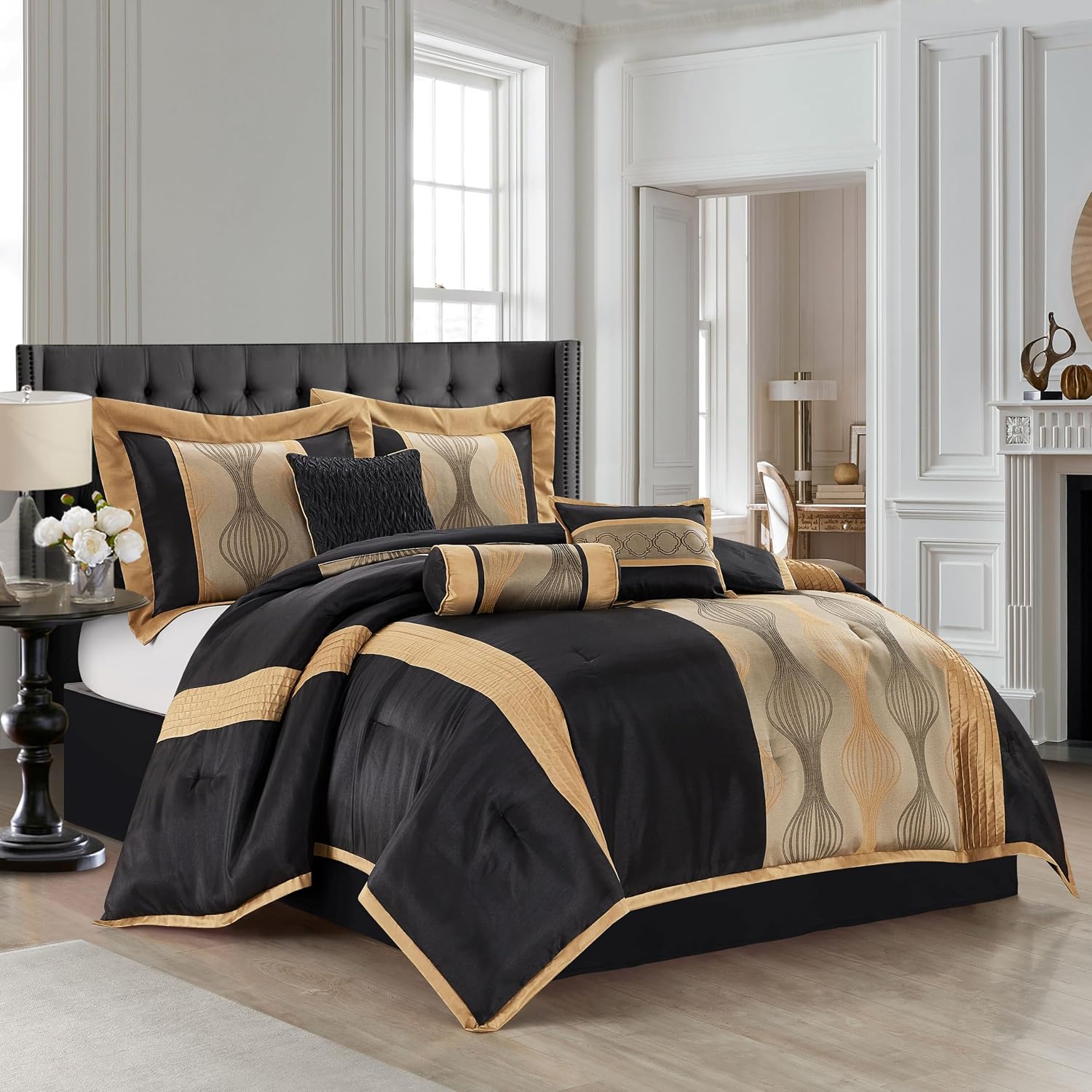 Stratford Park Black King Size Comforter Set, 7 Pieces Jacquard Bedding Sets with Comforter, Bed Skirt, Pillows & Shams, Lightweight Microfiber, Black and Gold, All Season Bedroom Home Décor