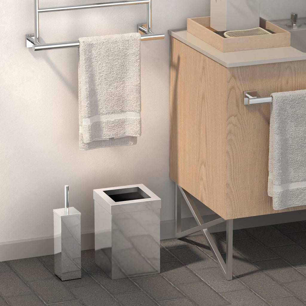 Gatco Small Bathroom Trash Can With Lid And Toilet Brush Set, Square 3 Gallon Stainless Steel Wastebasket, Under Sink, Chrome, For Bathroom, Bedroom, Office (2970)