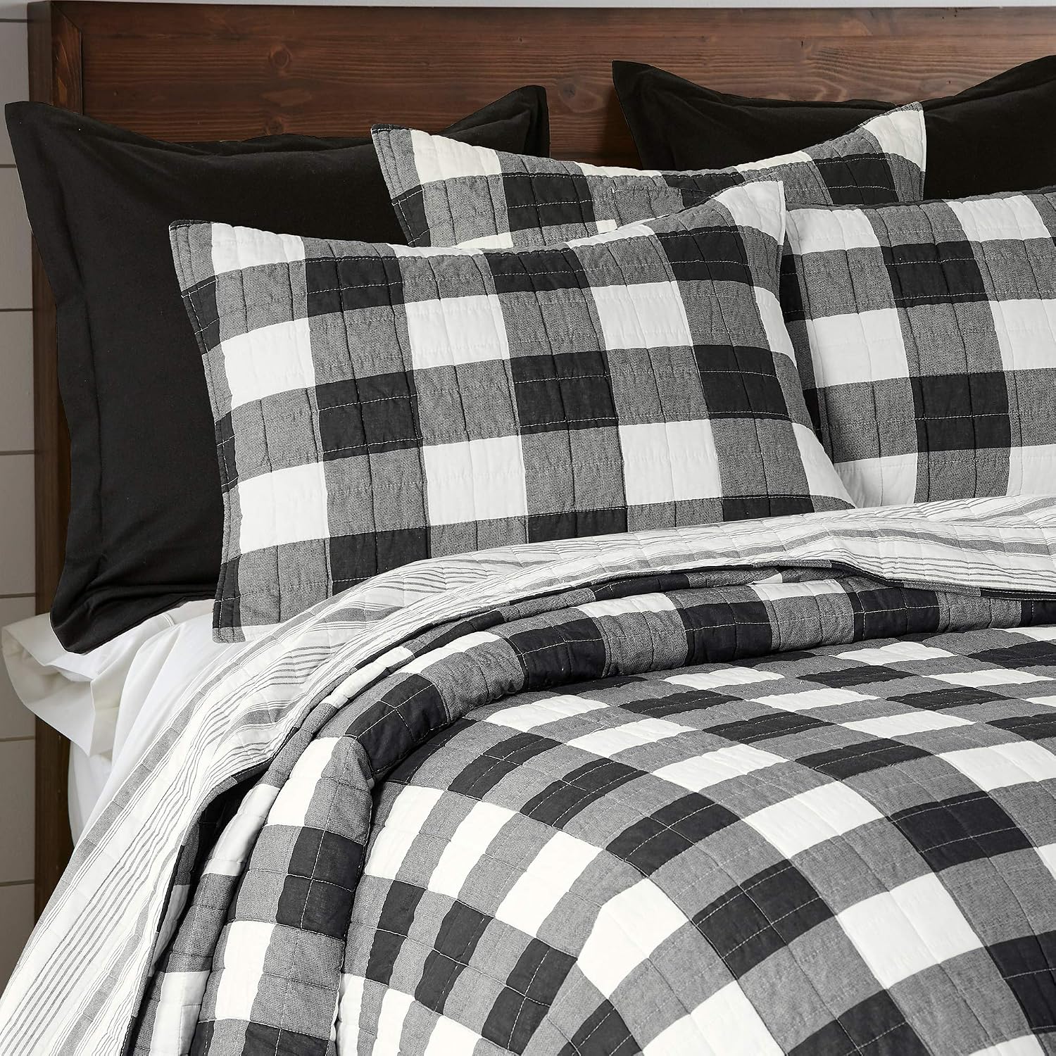 Levtex Home - Camden Bedspread Set - King (120 x 118 in.) + Two King Pillow Shams (36 x20 in.) - Buffalo Check in Black and Cream - Reversible Pattern - Cotton