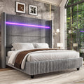 Jocisland California King Faux-Fur Upholstered Bed Frame with 60' Wingback Headboard, Built-in LED/Charging, Noise-Free, Easy Assembly, No Box Spring, for Tall People/Master Bedroom, Grey