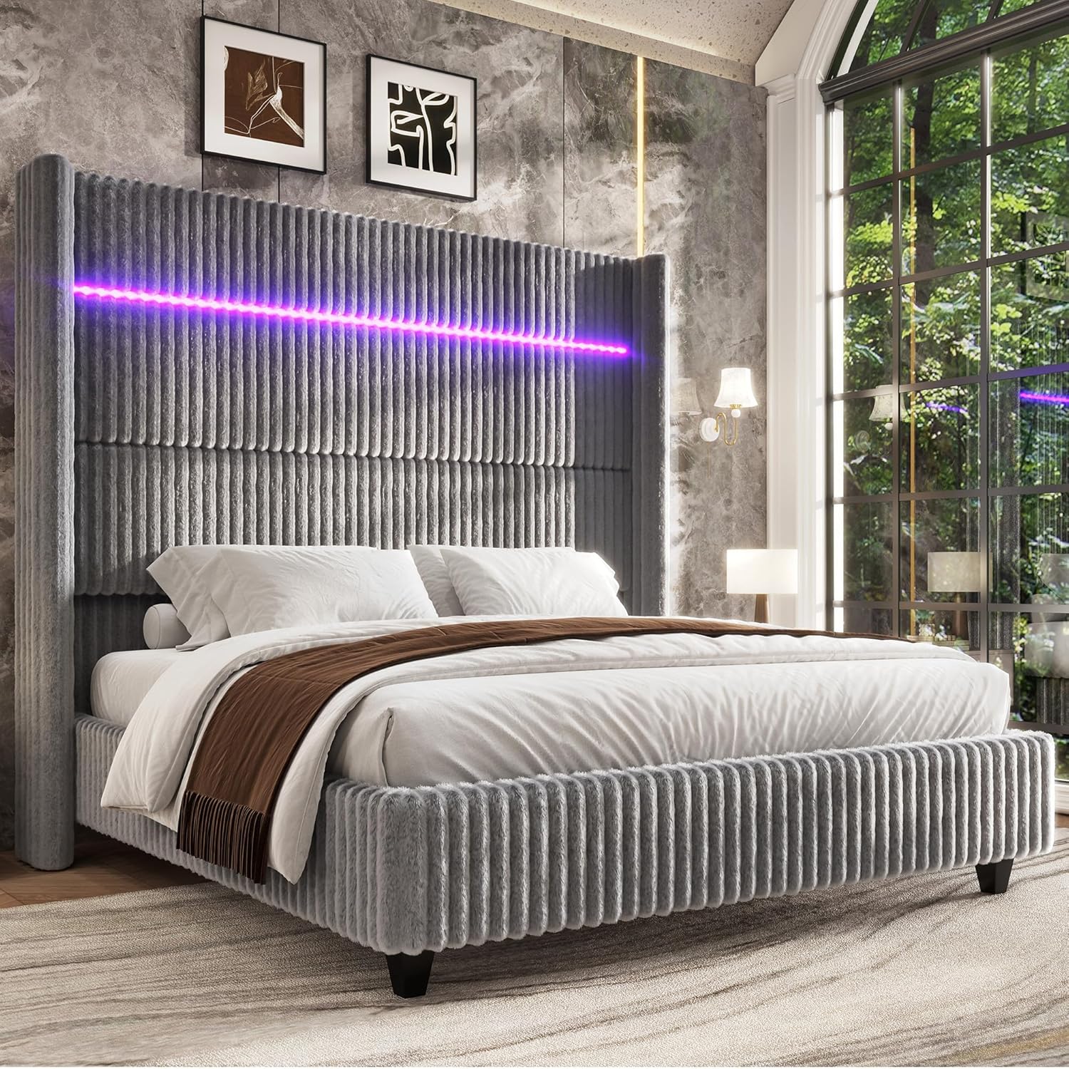 Jocisland California King Faux-Fur Upholstered Bed Frame with 60' Wingback Headboard, Built-in LED/Charging, Noise-Free, Easy Assembly, No Box Spring, for Tall People/Master Bedroom, Grey