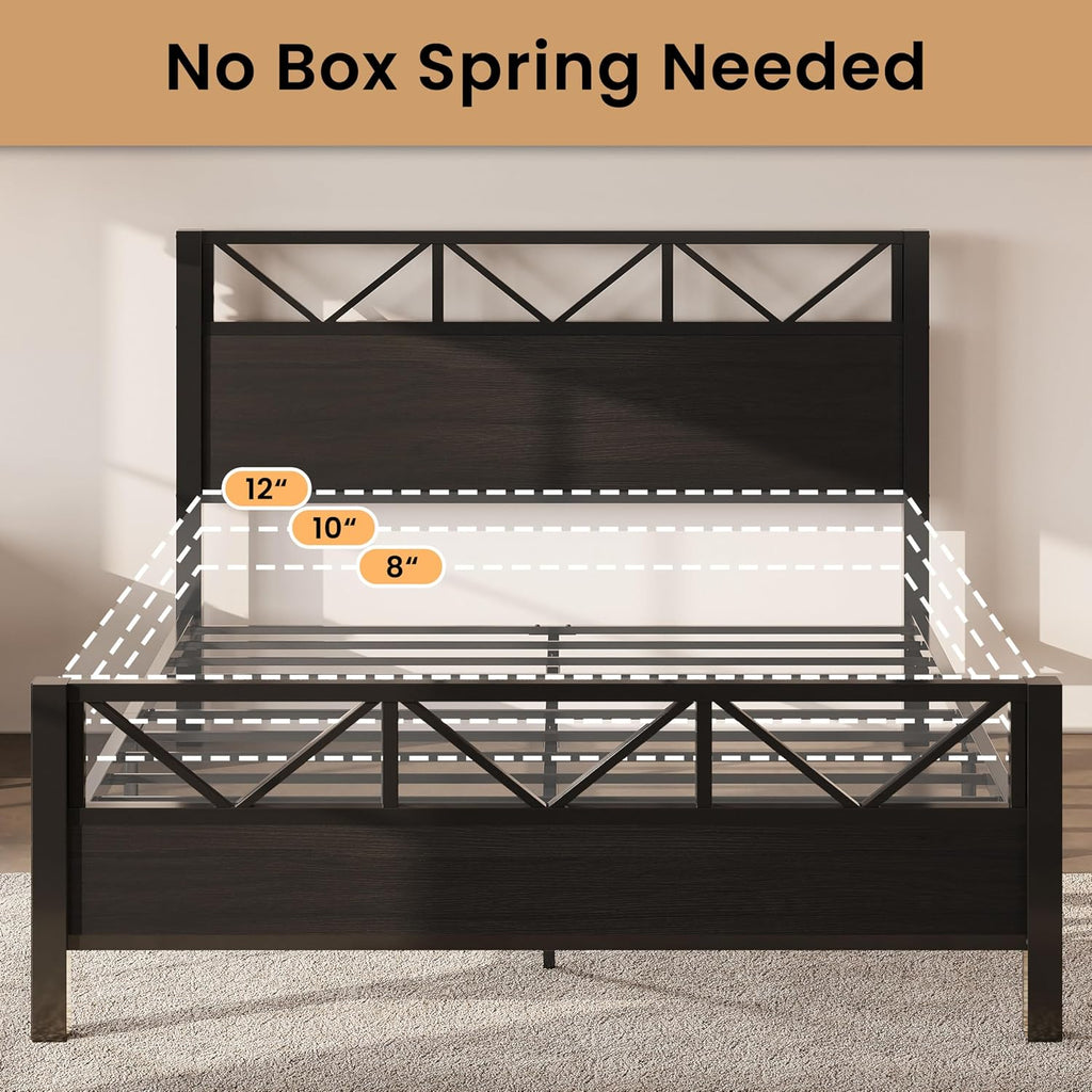 LIKIMIO King Bed Frame, Tall Industrial Headboard 51.2 ', Platform Bed Frame with Strong Metal Support, Solid and Stable, Noise Free, No Box Spring Needed, Easy Assembly, Black