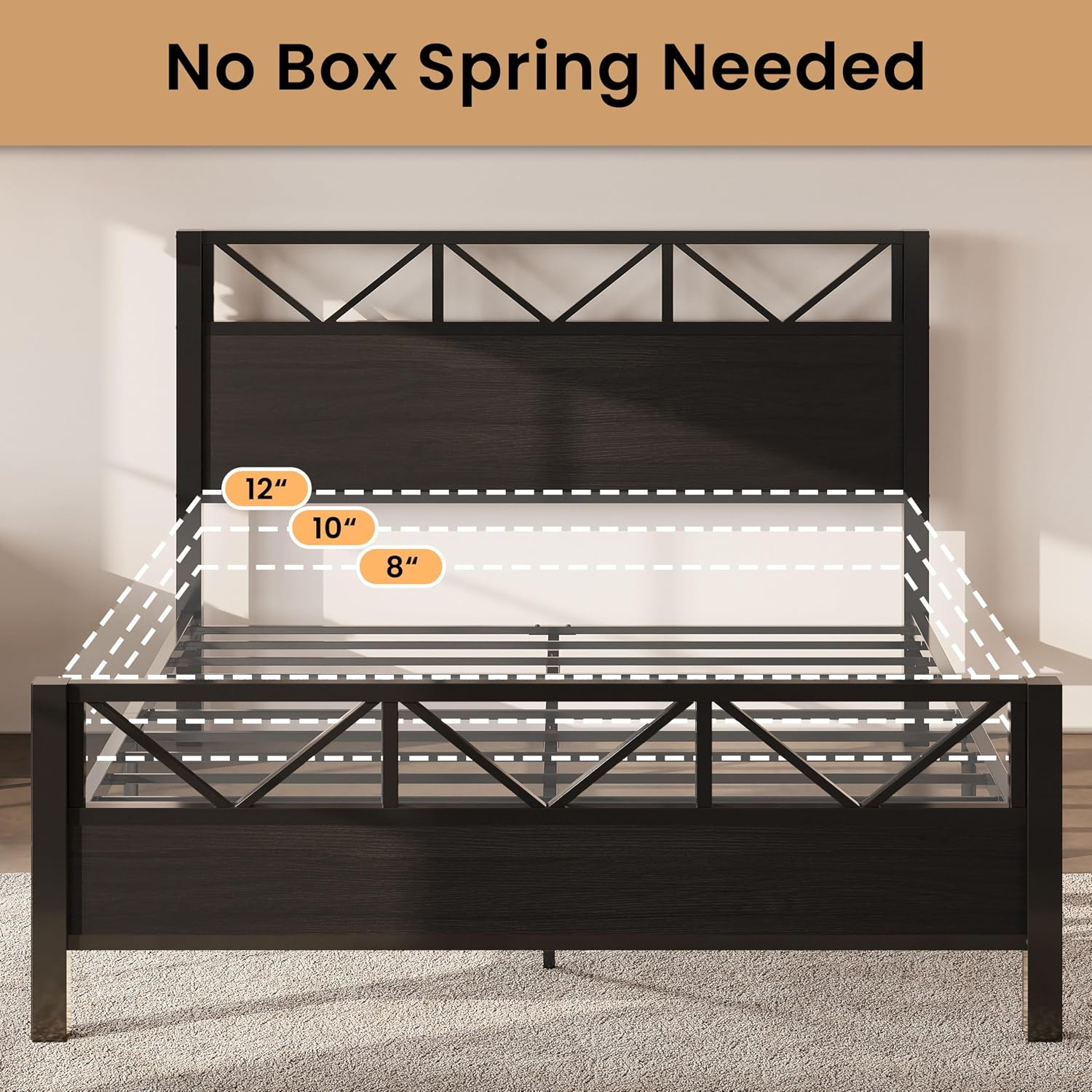 LIKIMIO King Bed Frame, Tall Industrial Headboard 51.2 ', Platform Bed Frame with Strong Metal Support, Solid and Stable, Noise Free, No Box Spring Needed, Easy Assembly, Black