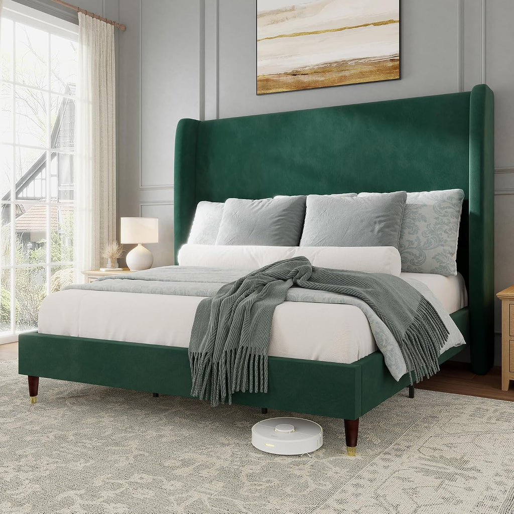 Jocisland Queen Size Bed Frame 51.2' Wingback Headboard Velvet Upholstered Platform Bed with Solid Wood Legs & Wooden Slats, No Box Spring Needed, Modern Minimalist Style, Easy Assembly, Dark Green