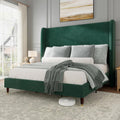 Jocisland Queen Size Bed Frame 51.2' Wingback Headboard Velvet Upholstered Platform Bed with Solid Wood Legs & Wooden Slats, No Box Spring Needed, Modern Minimalist Style, Easy Assembly, Dark Green