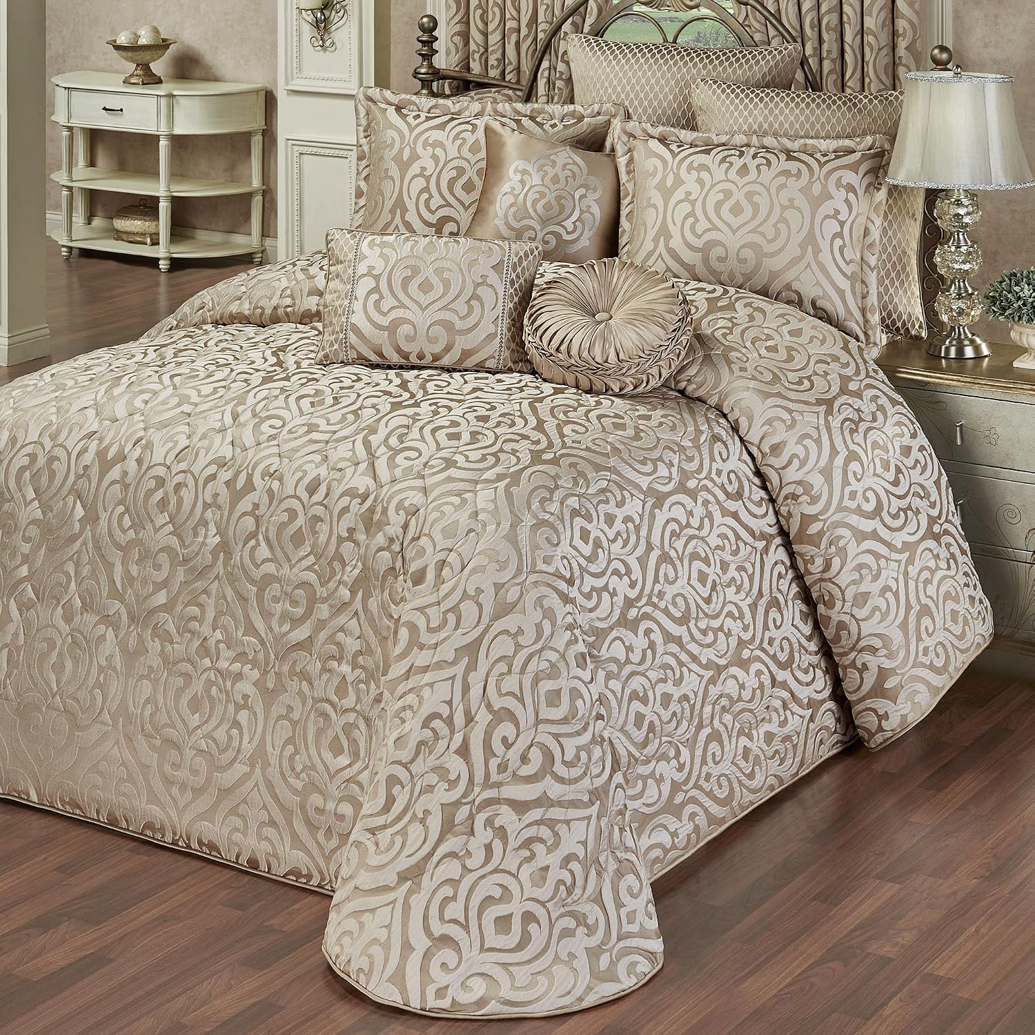 Davenport Luxury Bedding | Neutral Sand and Beige | Jacquard-Woven Puff-Textured Scrollwork Medallions | 6 Pc Bed Set Includes Queen Bedspread, 2 Standard Shams, and 3 Decorative Reversible Pillows