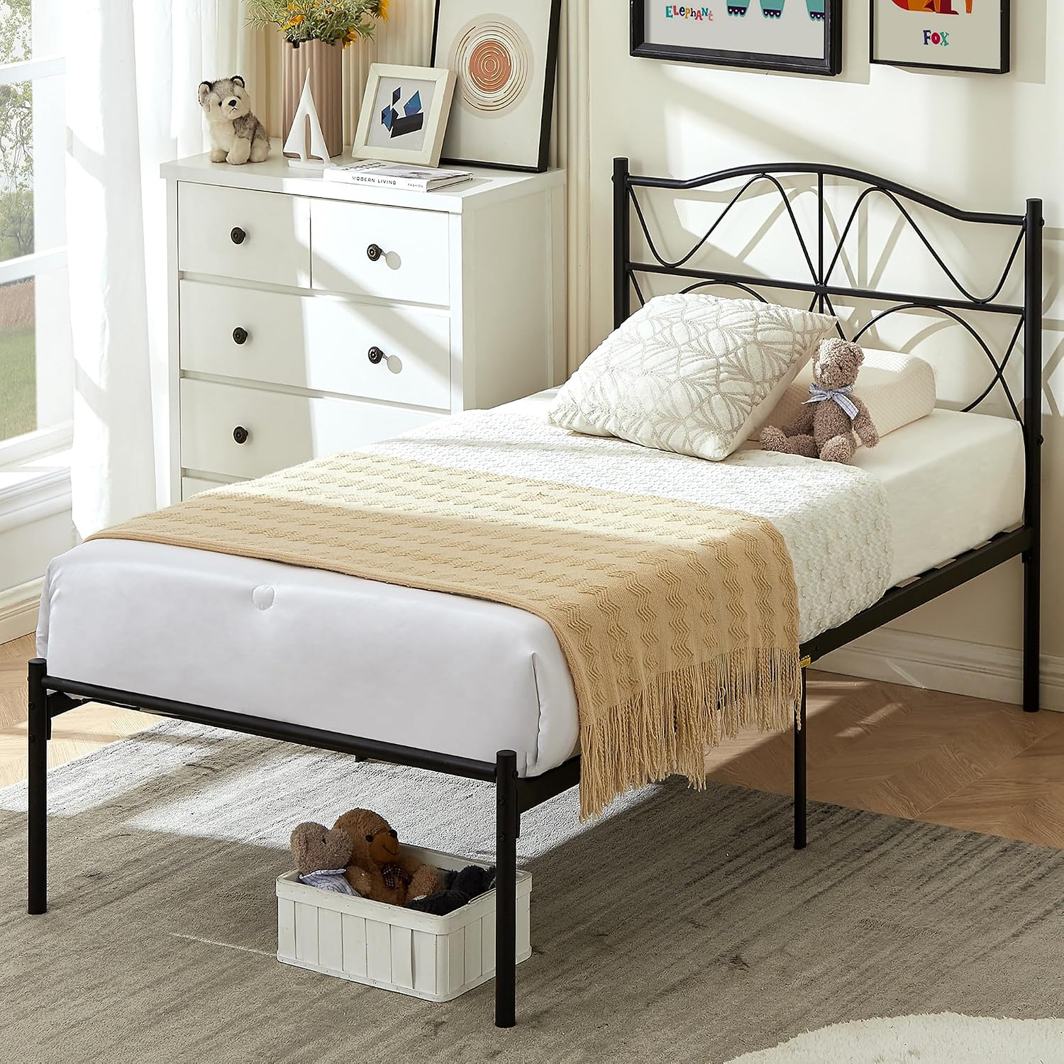 VECELO 2 Set Twin Size Bed Frame, Metal Bed Platform with Headboard, Sturdy Steel Slats Support, No Box Spring Needed/Noise-Free,Easy Assembly, Black