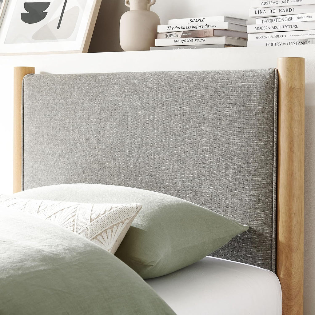 Modway Maven Twin Size Bed Frame in Wheat Oak with Upholstered Fabric Headboard and Footboard – Wood Twin Platform Bed Frame – No Box Spring Needed