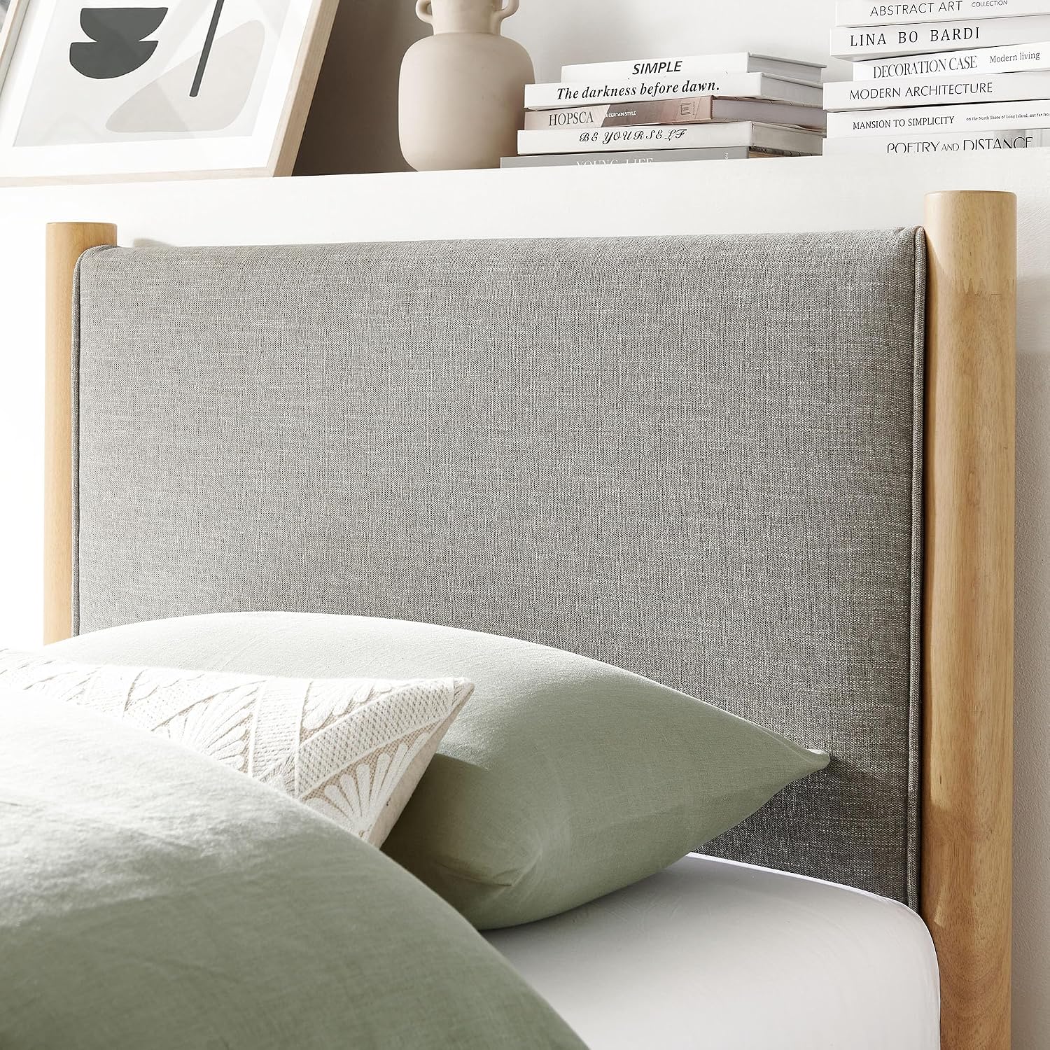 Modway Maven Twin Size Bed Frame in Wheat Oak with Upholstered Fabric Headboard and Footboard – Wood Twin Platform Bed Frame – No Box Spring Needed