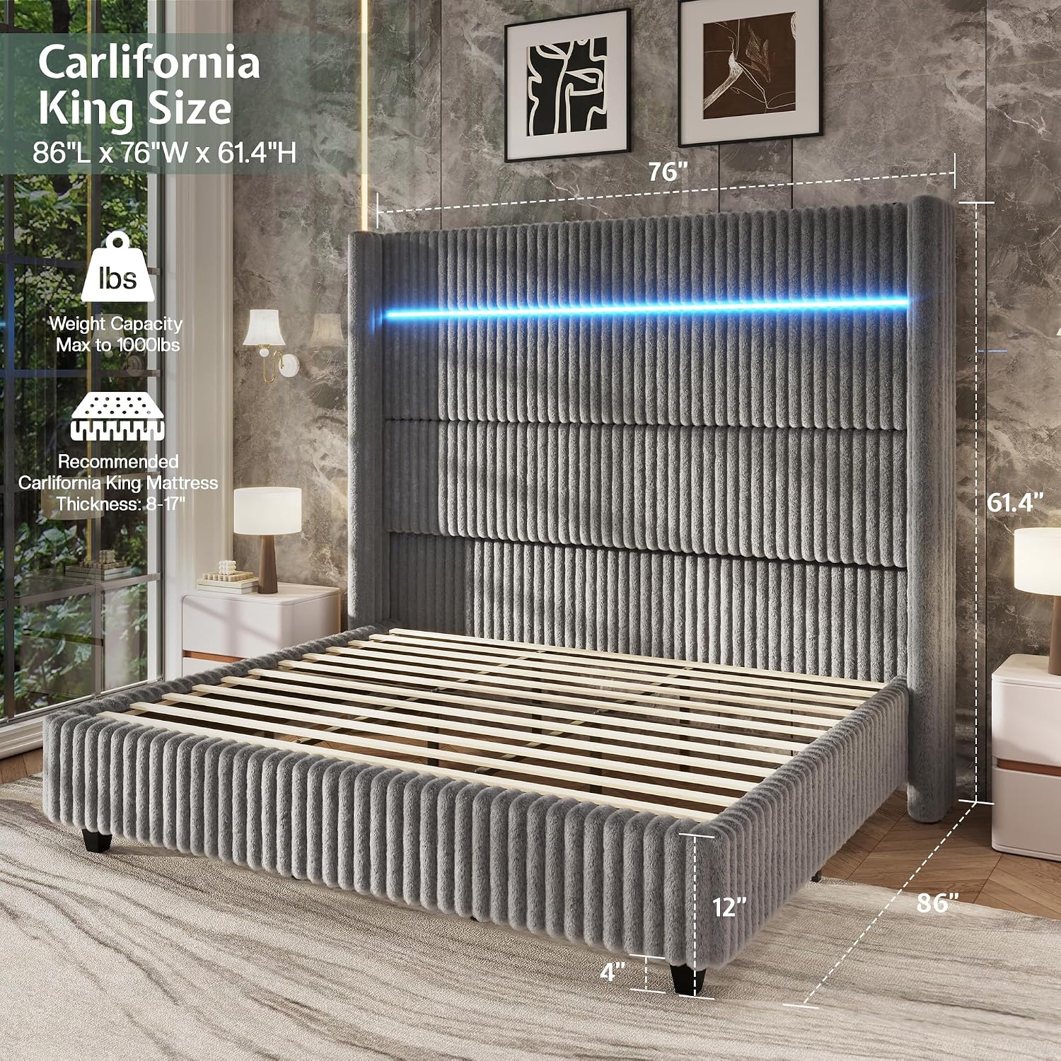 Jocisland California King Faux-Fur Upholstered Bed Frame with 60' Wingback Headboard, Built-in LED/Charging, Noise-Free, Easy Assembly, No Box Spring, for Tall People/Master Bedroom, Grey