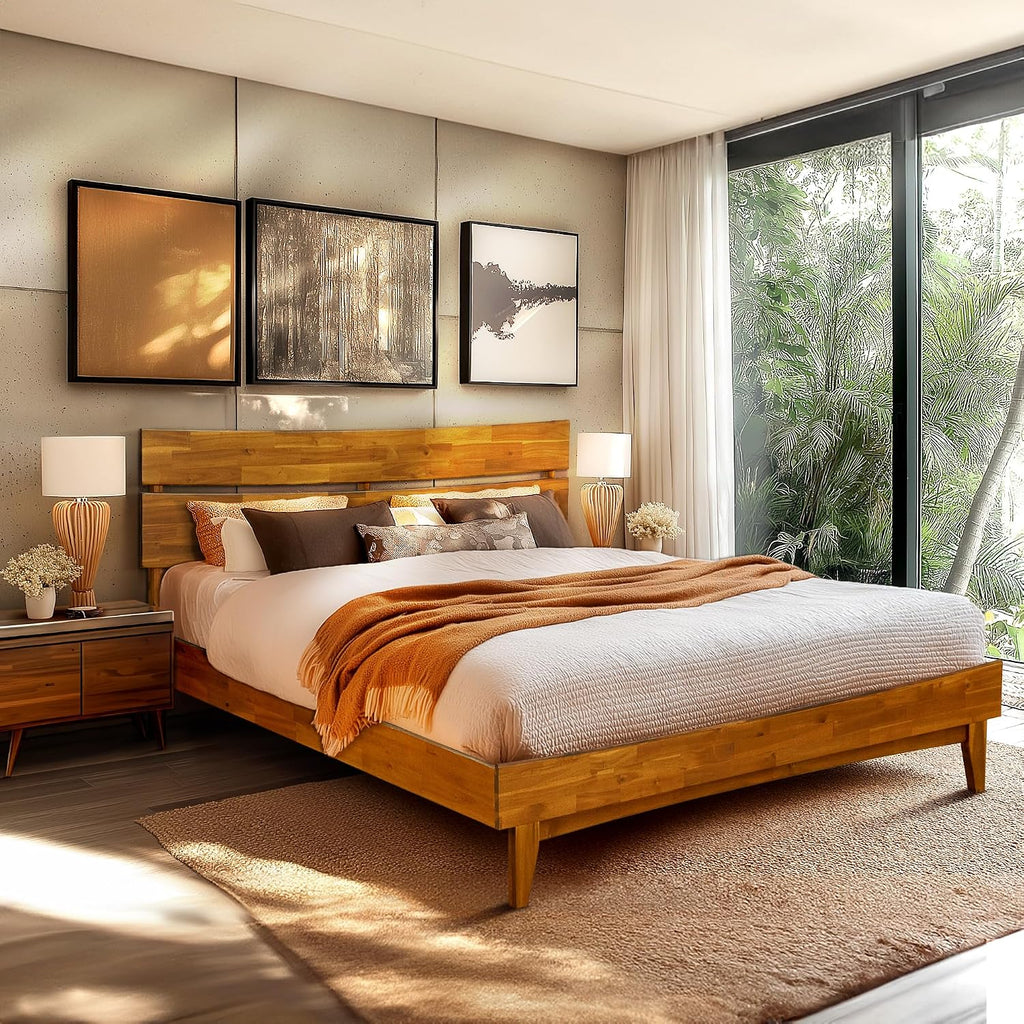 Acacia Aurora Wooden Bed with Headboard, King Size Bed Frame, 800lbs Capacity Wood Bed Compatible with All Mattress Types, Non-Slip & Noise-Free, Wood Slats Support, Easy Assembly, Caramel.
