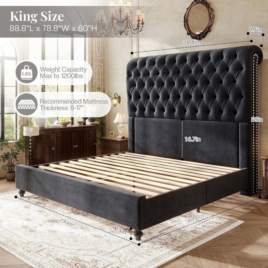 Jocisland King Size Bed Frame with 59' Tall Upholstered Headboard, Luxury Velvet Bed with Handcrafted Deep-Tufted Design and Solid Wood Legs, Noise-Free, No Box Spring Needed,Black
