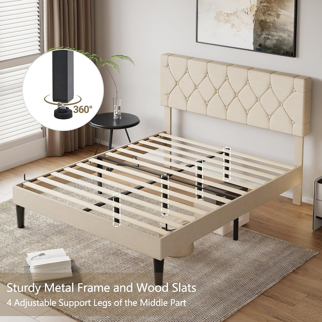 VECELO Queen Bed Frame with Button Tufted Headboard, Upholstered Platform with Wooden Slat Support, No Box Spring Needed, Cream Beige