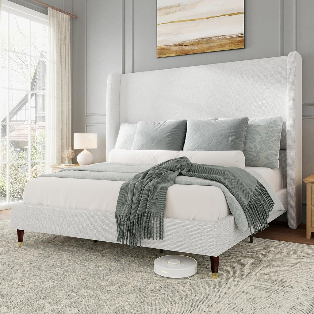 Jocisland Queen Size Bed Frame 51.2' Wingback Headboard Linen Upholstered Platform Bed with Solid Wood Legs & Wooden Slats, No Box Spring Needed, Modern Minimalist Style, Easy Assembly, White