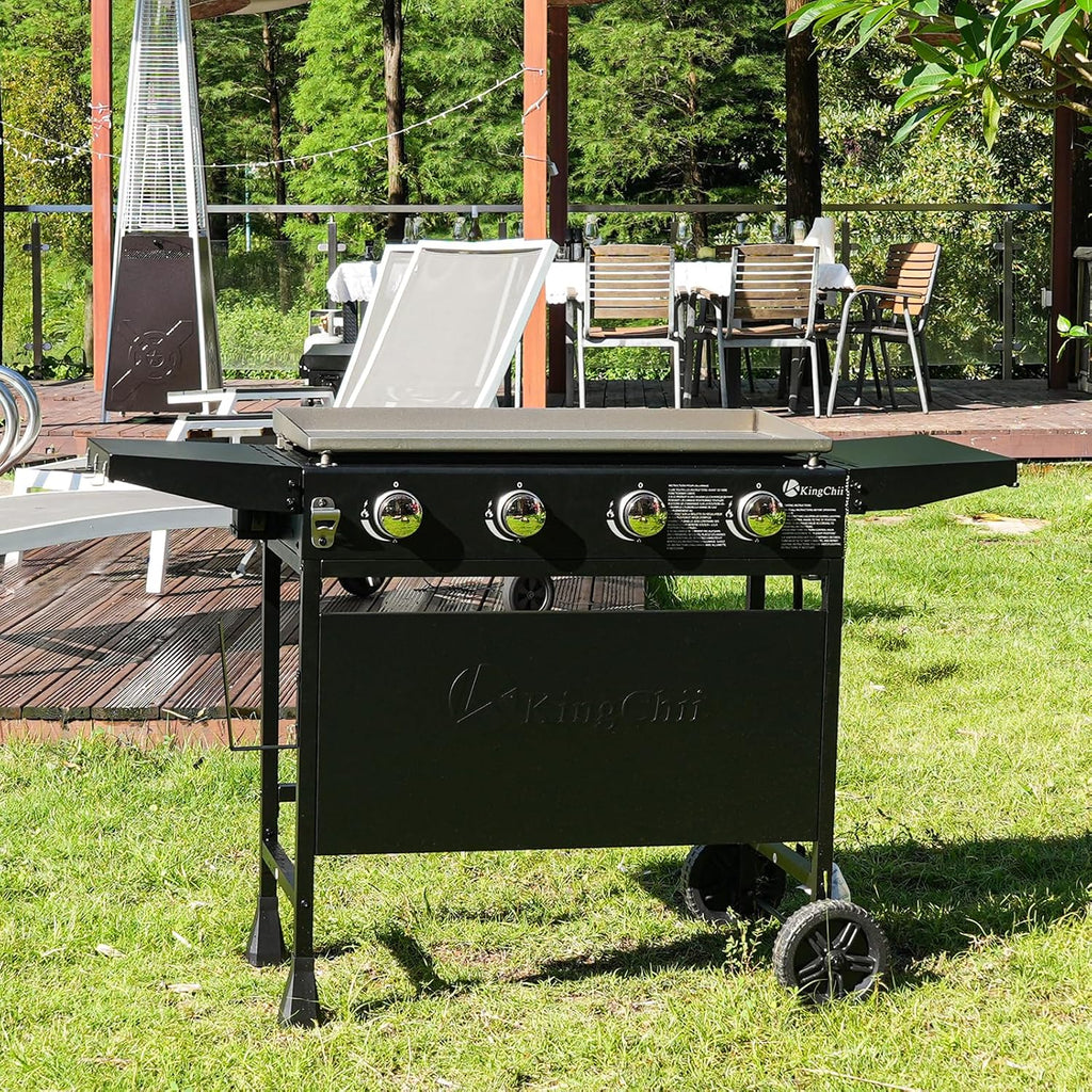 KingChii 32' 4-Burner Griddle with Counter Height Side Shelves, Powder Coated Steel, Black