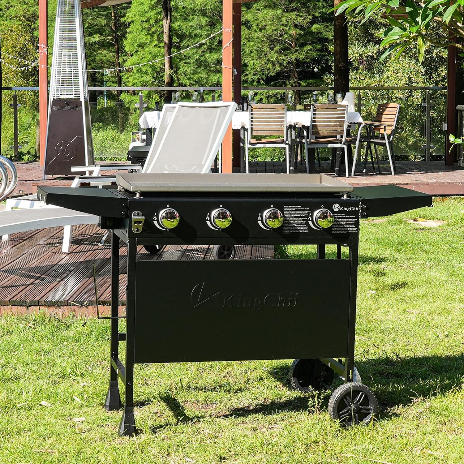 KingChii 32' 4-Burner Griddle with Counter Height Side Shelves, Powder Coated Steel, Black