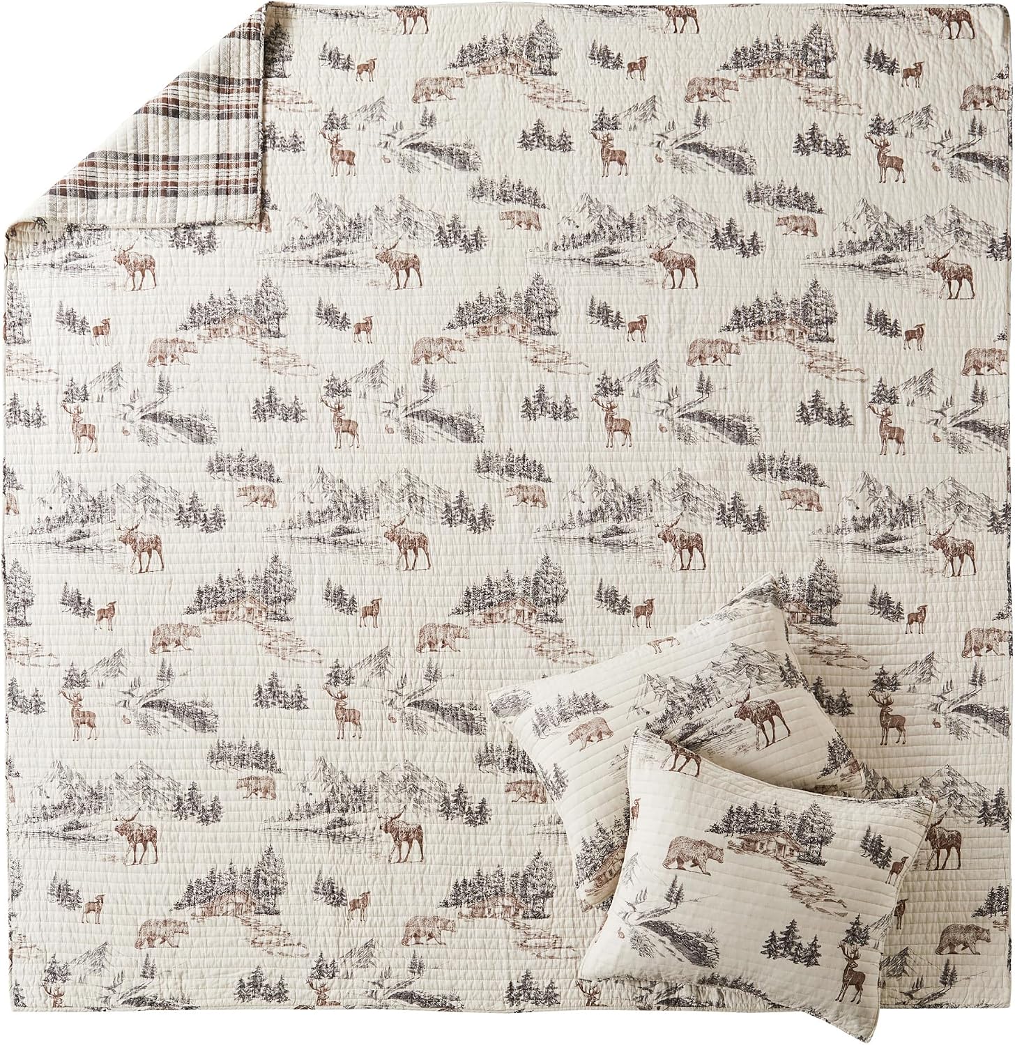 Levtex Home - Lodge Toile Quilt Set - King Quilt and Two King Shams - Mountain Lodge - Brown Cream Charcoal - Quilt (106x92in.) and Shams (20x36in.) - Reversible - Cotton