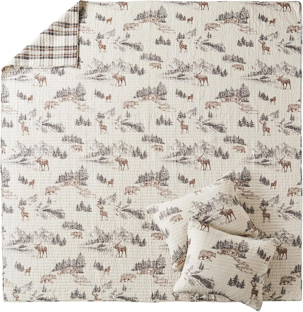 Levtex Home - Lodge Toile Quilt Set - Full/Queen Quilt and Two Standard Shams - Mountain Lodge - Brown Cream Charcoal - Quilt (88x92in.) and Shams (20x26in.) - Reversible - Cotton