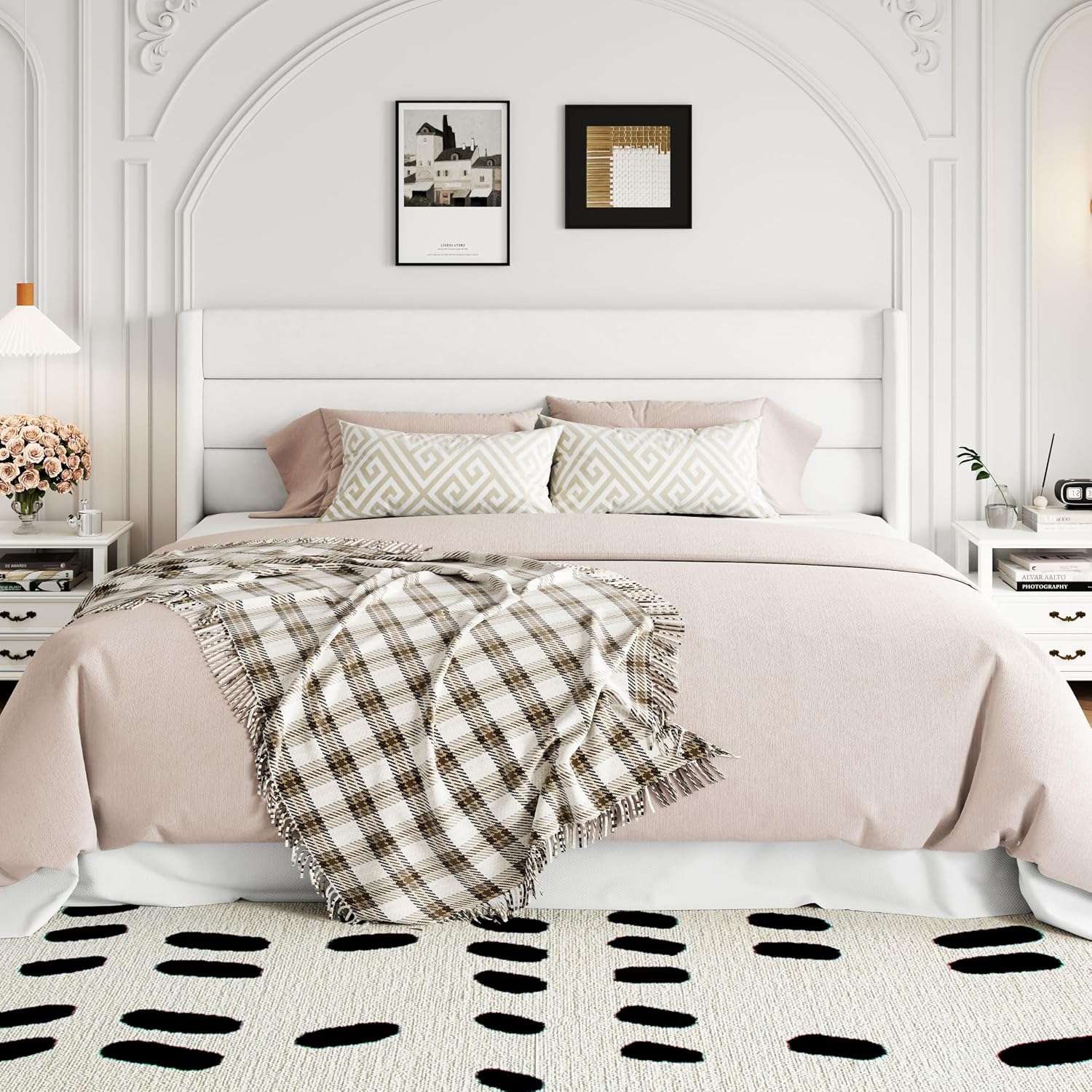 Allewie King Size Velvet Lift Up Storage Bed, Modern Wingback Headboard, Hydraulic Support, No Box Spring Needed, White