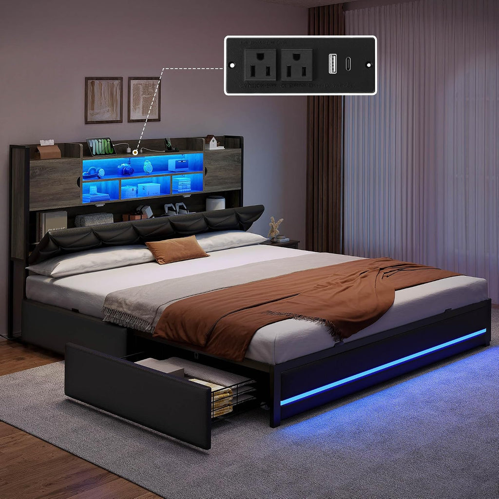DWVO Queen Size Bed Frame with RGB LED Lights & Storage Bookcase Headboard, Upholstered Bed with Charging Station and 4 Drawers, No Box Spring Needed, Easy Assembly, Noise-Free, PU Leather Black