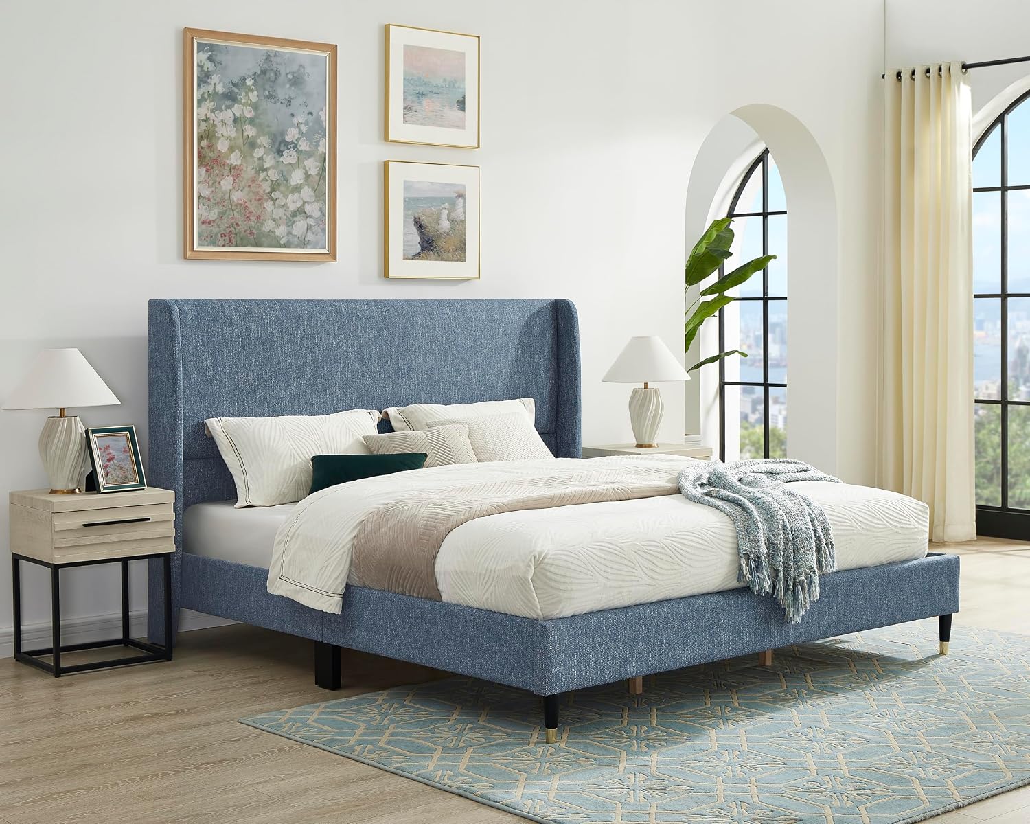 Roundhill Furniture Arles 3-Piece Upholstered Bedroom Set, Wingback Platform Bed with Two Nightstands, Blue Fabric, King