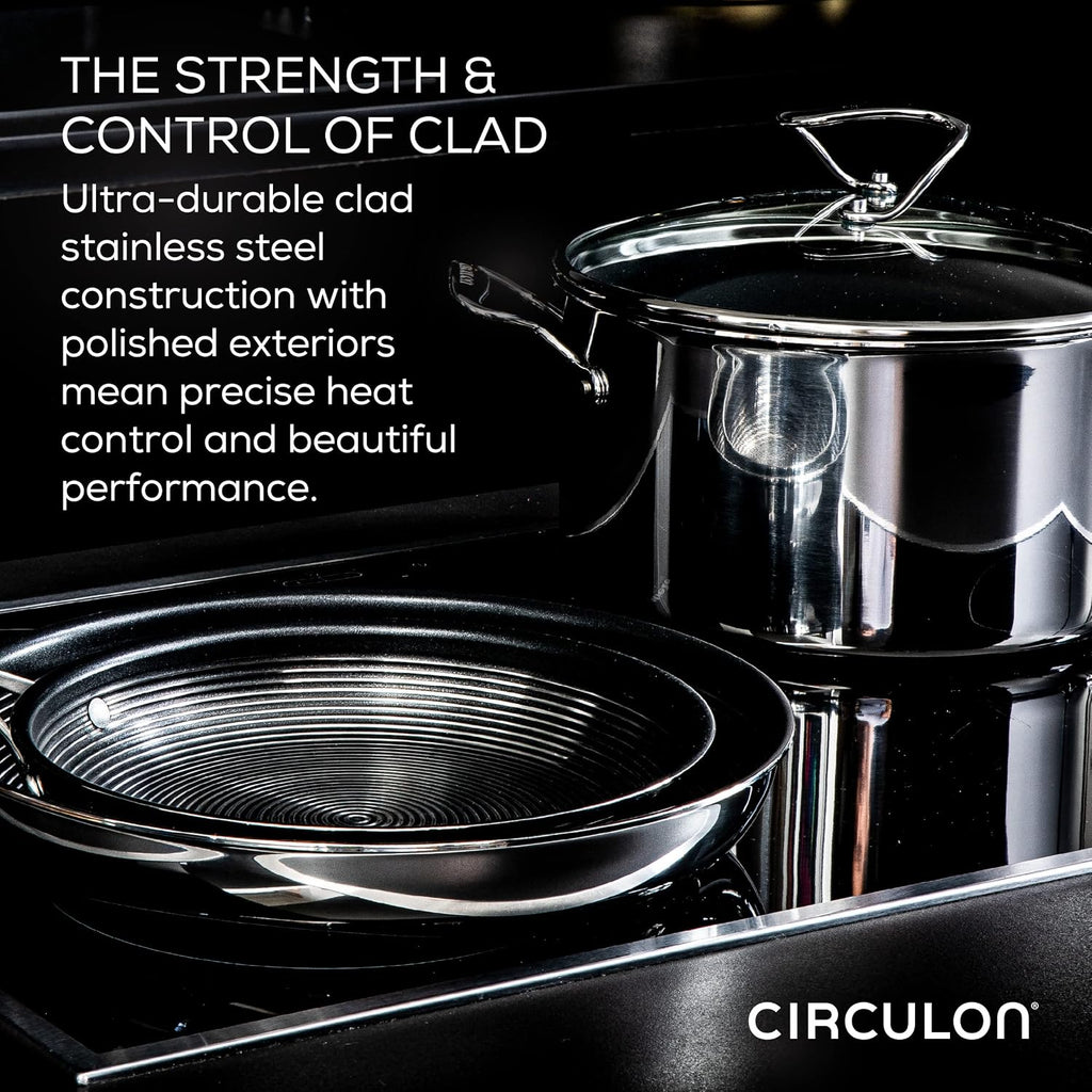 Circulon Clad Stainless Steel Induction Frying Pan and Wok Set with Hybrid SteelShield and Nonstick Technology, 4 Piece - Stainless Steel