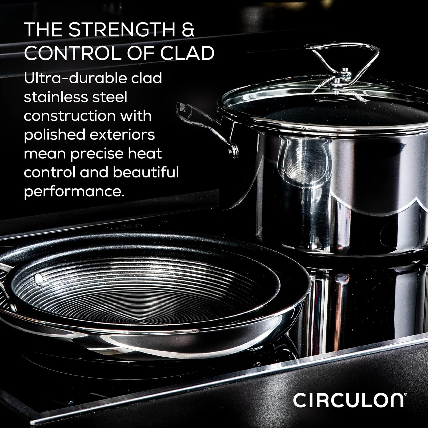 Circulon Clad Stainless Steel Induction Frying Pan and Wok Set with Hybrid SteelShield and Nonstick Technology, 4 Piece - Stainless Steel