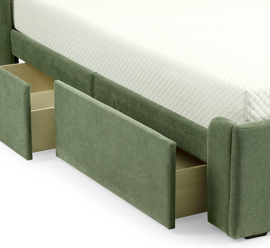 Max & Lily Upholstered Full Bed Frame with Rectangular Headboard and Two Storage Drawers, Upholstered Platform Bed for Kids, No Box Spring Needed, Easy Assembly, Green