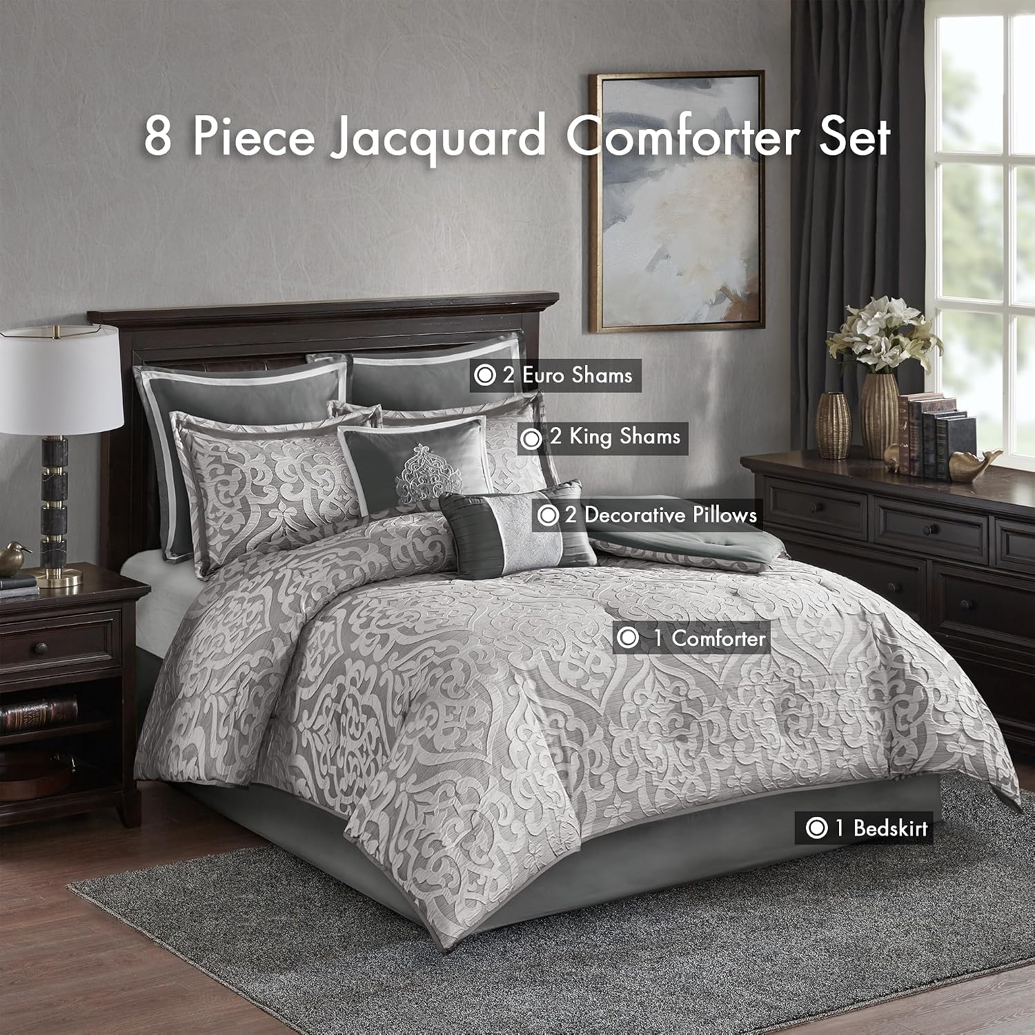 Madison Park Odette Cozy Comforter Set Jacquard Damask Medallion Design - Modern All Season, Down Alternative Bedding, Shams, Decorative Pillows, King(104 in x 92 in), Silver 8 Piece