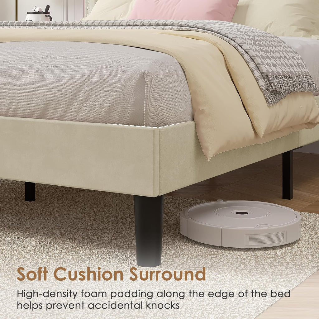 VECELO Full Size Platform Bed Frame with Height Adjustable Upholstered Headboard, Modern Mattress Foundation,Strong Wood Slat Support, No Box Spring Needed, Easy Assembly,Beige