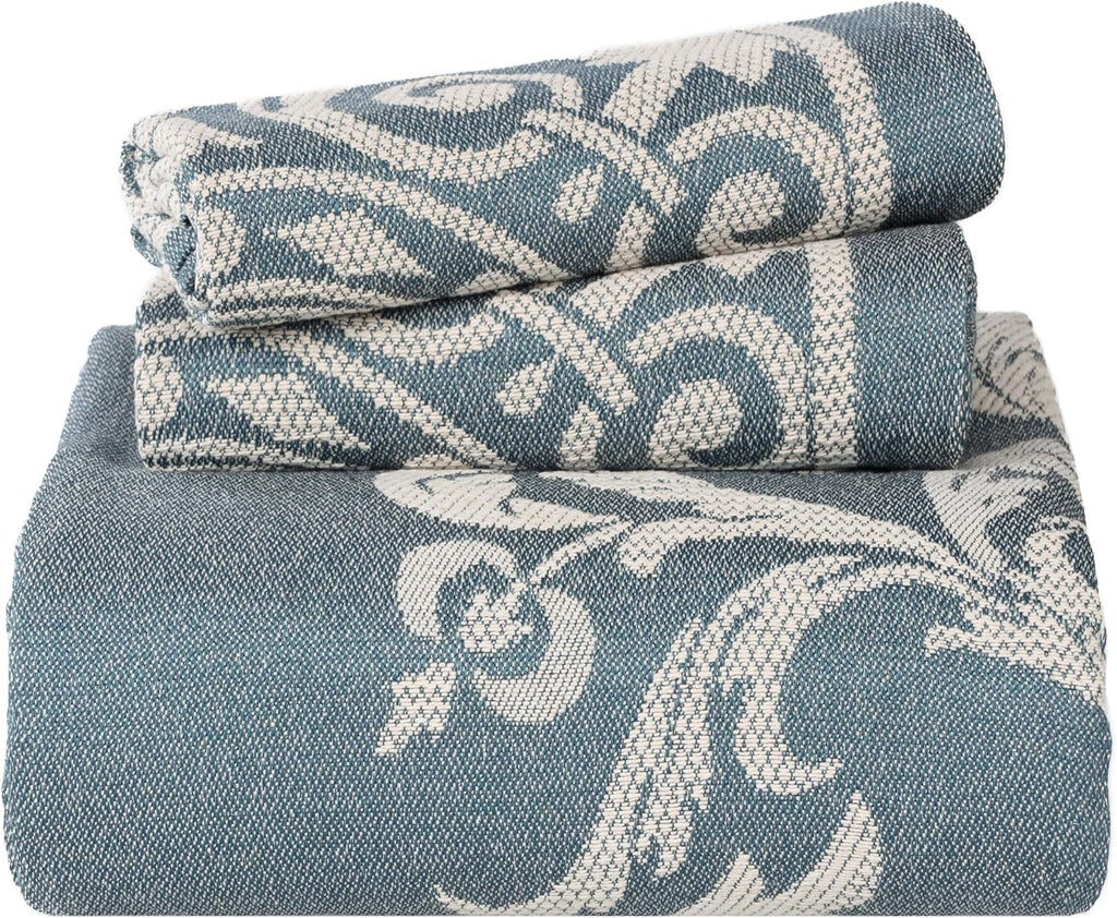 Superior Cotton Blend 2-Piece Bedspread Set, Oversized Bedspread, 1 Matching Pillow Sham, Jacquard Traditional Medallion Bedding Decor, Adalie Collection, Twin, Cerulean Blue (Pack of 2)