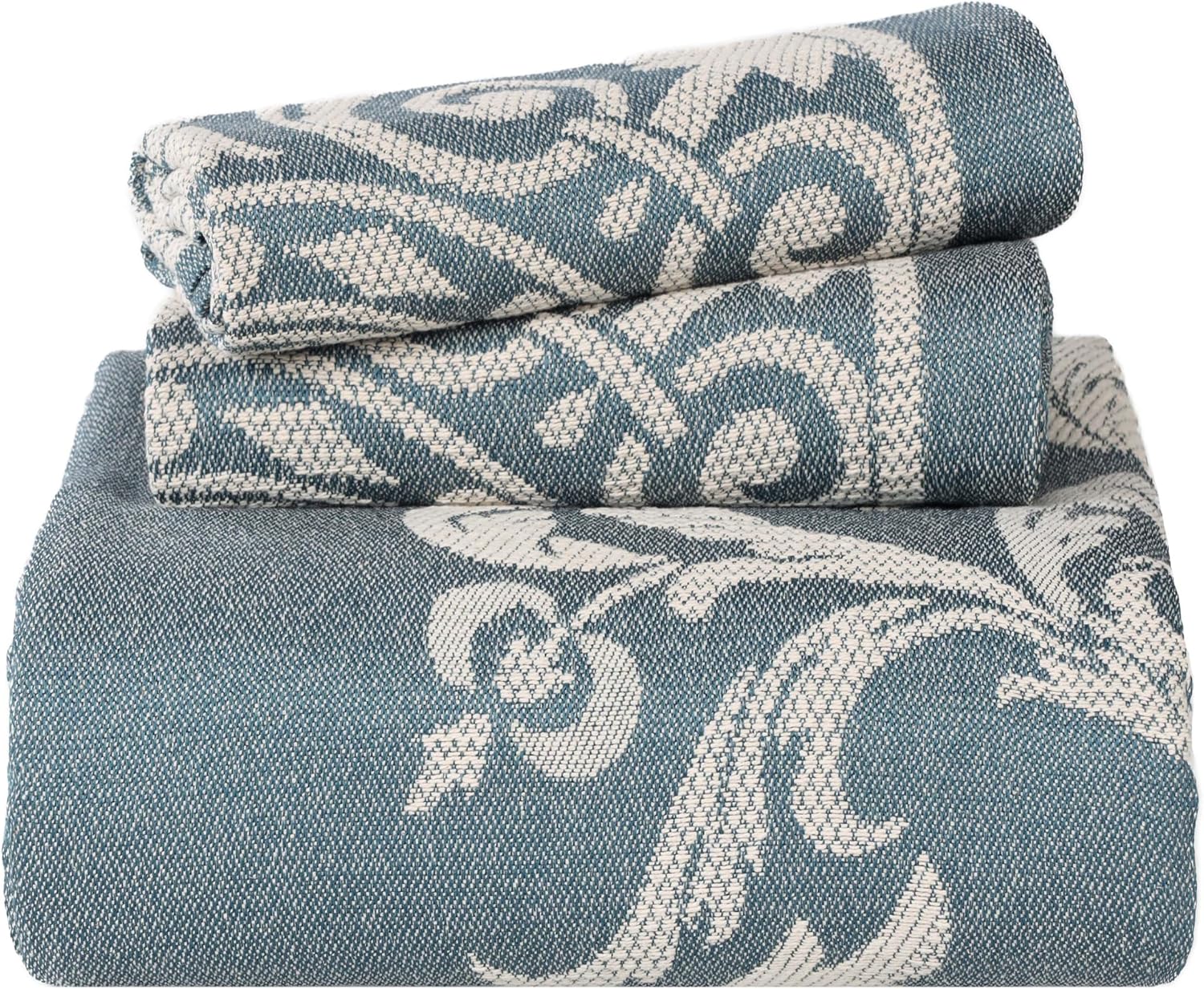 Superior Cotton Blend 2-Piece Bedspread Set, Oversized Bedspread, 1 Matching Pillow Sham, Jacquard Traditional Medallion Bedding Decor, Adalie Collection, Twin, Cerulean Blue (Pack of 2)