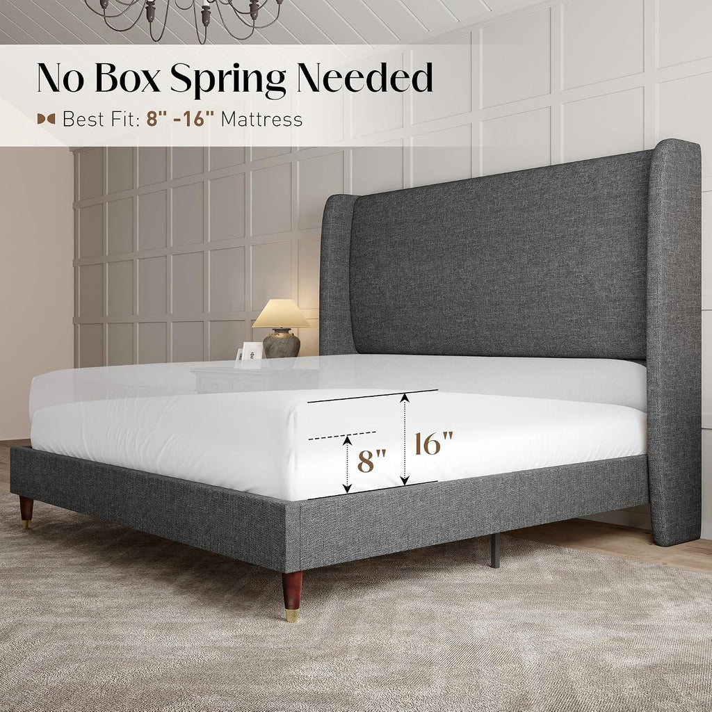 PaPaJet King Bed Frame with 51.2' Tall Wingback Headboard,Line Upholstered Platform Bed,Solid Wood Legs,No Box Spring Needed,Noise-Free&Easy Assembly,for Master Bedroom & Luxury Home,Dark Grey